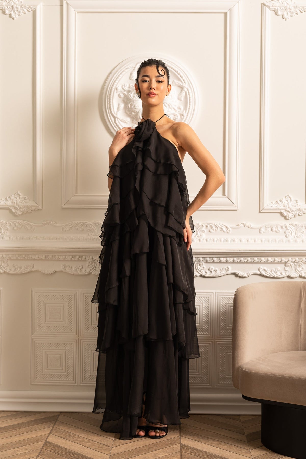 Halter Neck Rosette Tiered Ruffle Chiffon Maxi Dress 4