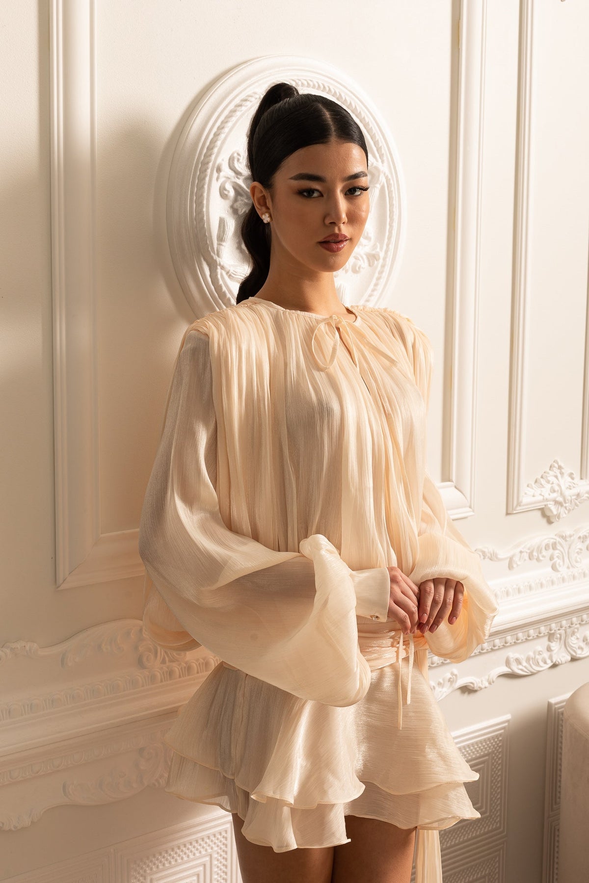 Tie Neck Long Sleeve Draped Wrap Waist Ruffle Hem Mini Dress 4