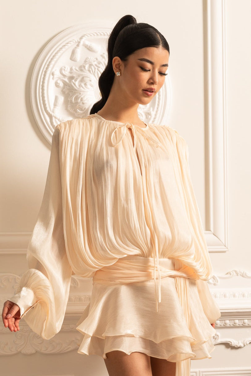 Tie Neck Long Sleeve Draped Wrap Waist Ruffle Hem Mini Dress 2