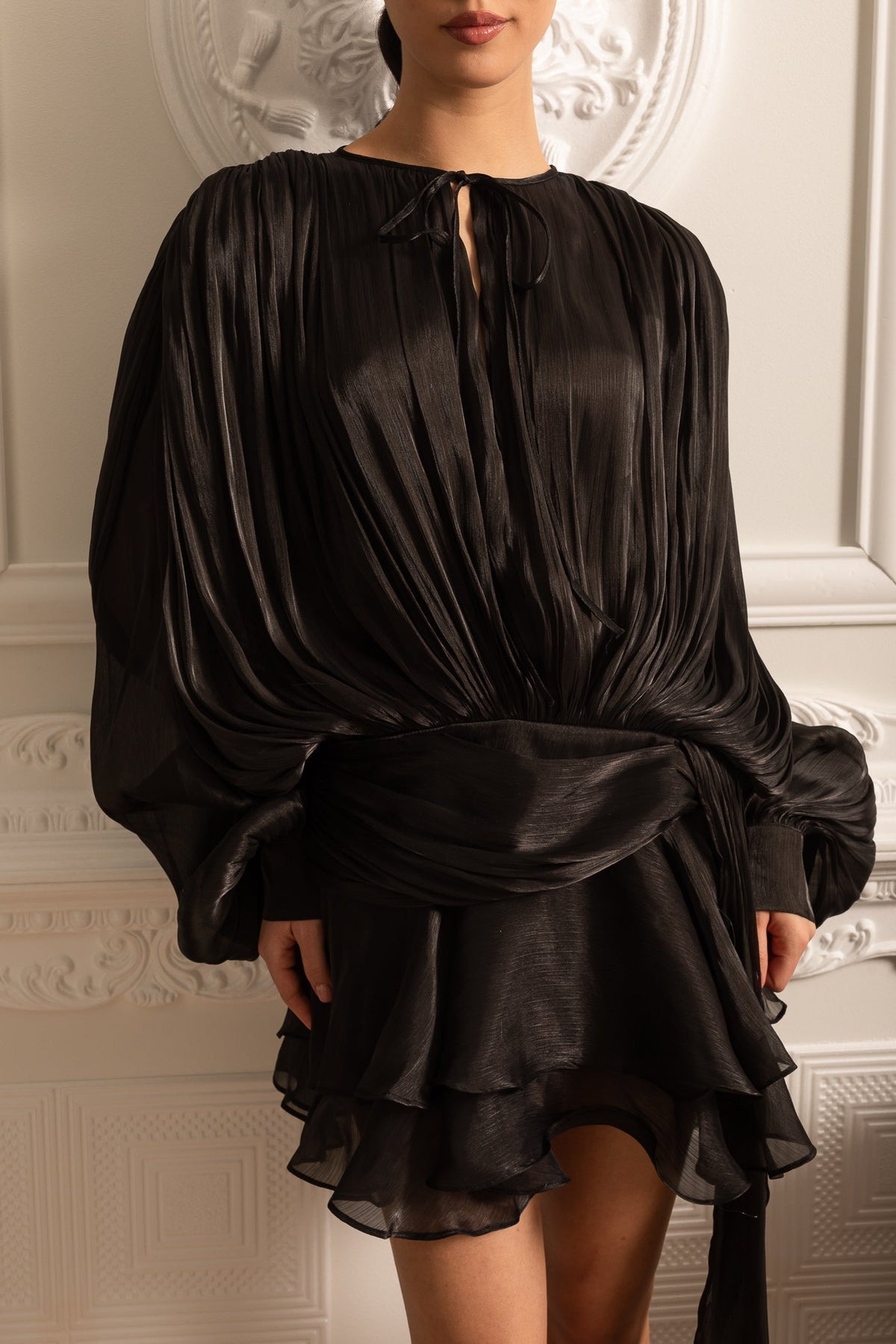 Tie Neck Long Sleeve Draped Wrap Waist Ruffle Hem Mini Dress 4