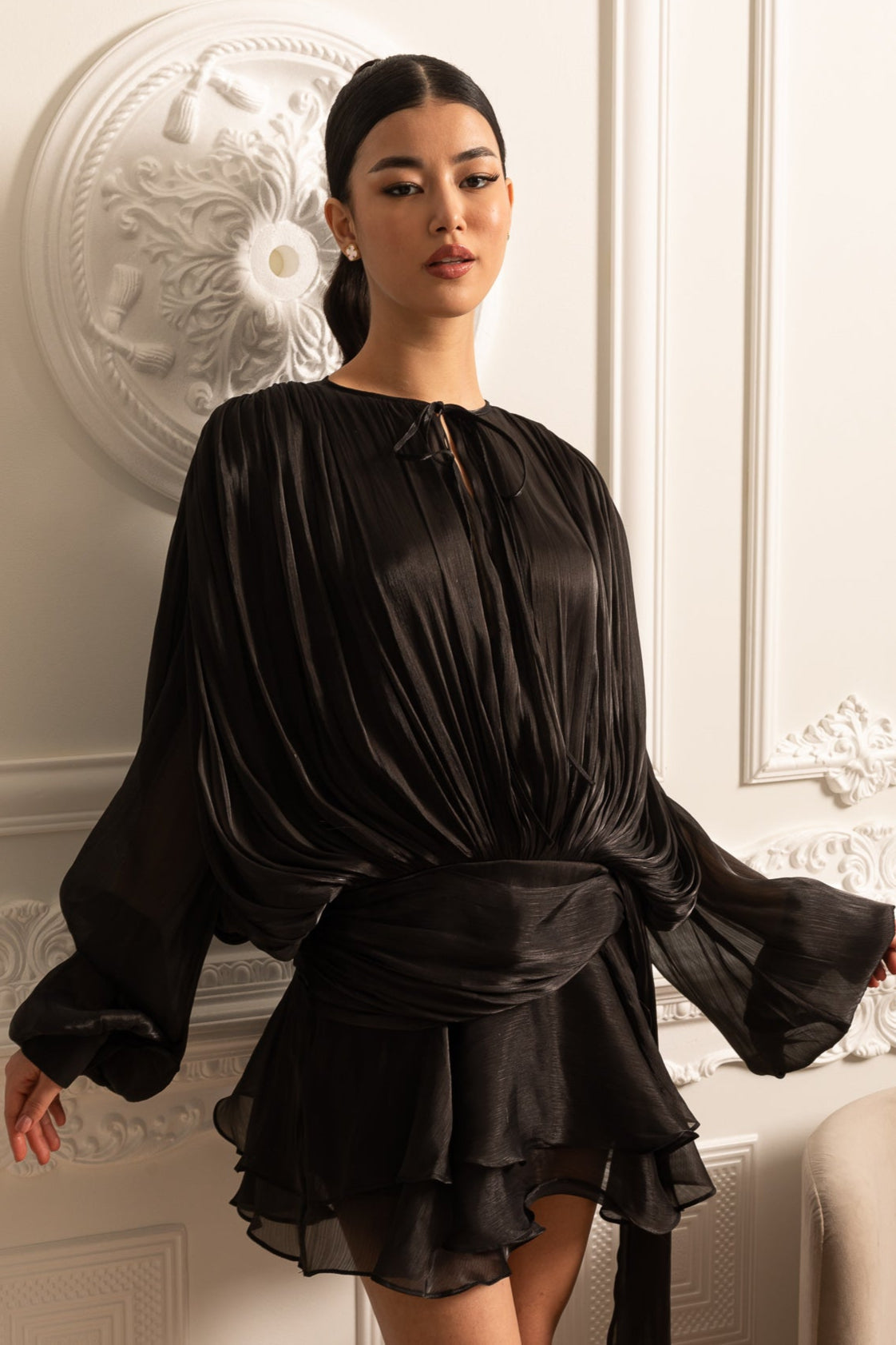 Tie Neck Long Sleeve Draped Wrap Waist Ruffle Hem Mini Dress 2