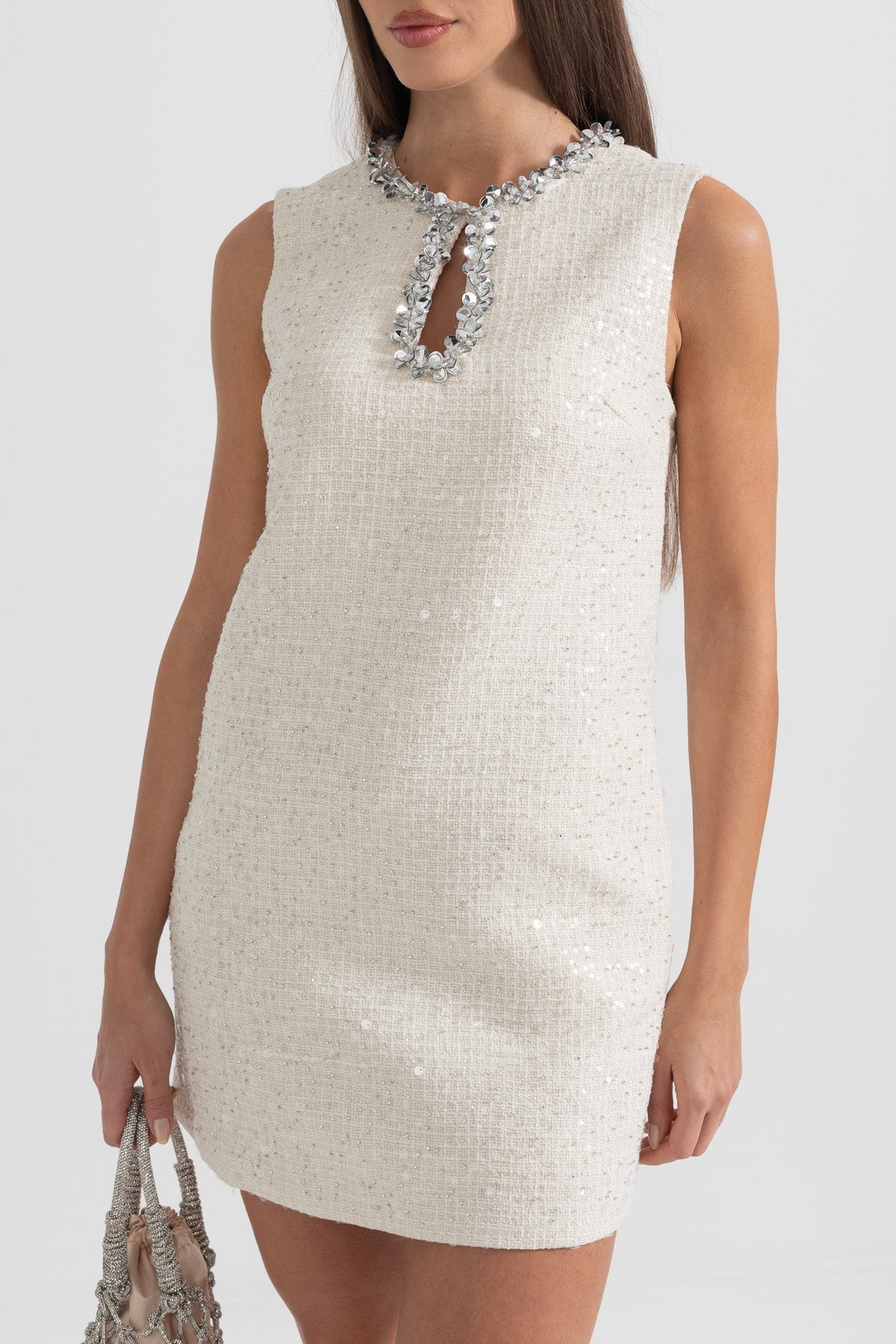 Sequin Tweed Keyhole Neck Crystal Embellished Shift Mini Dress - View 9