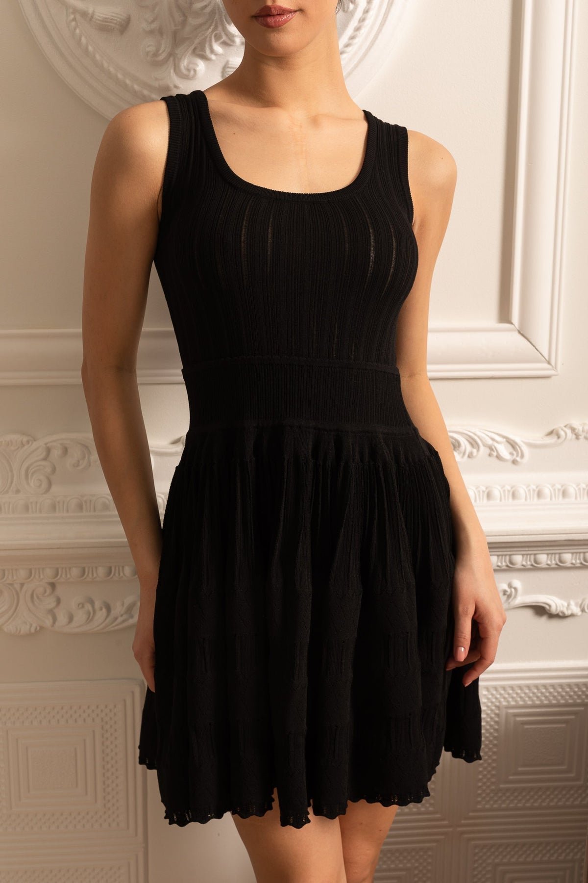 Rib Knit Scoop Neck Fit and Flare Belted Waist Mini Dress - View 6