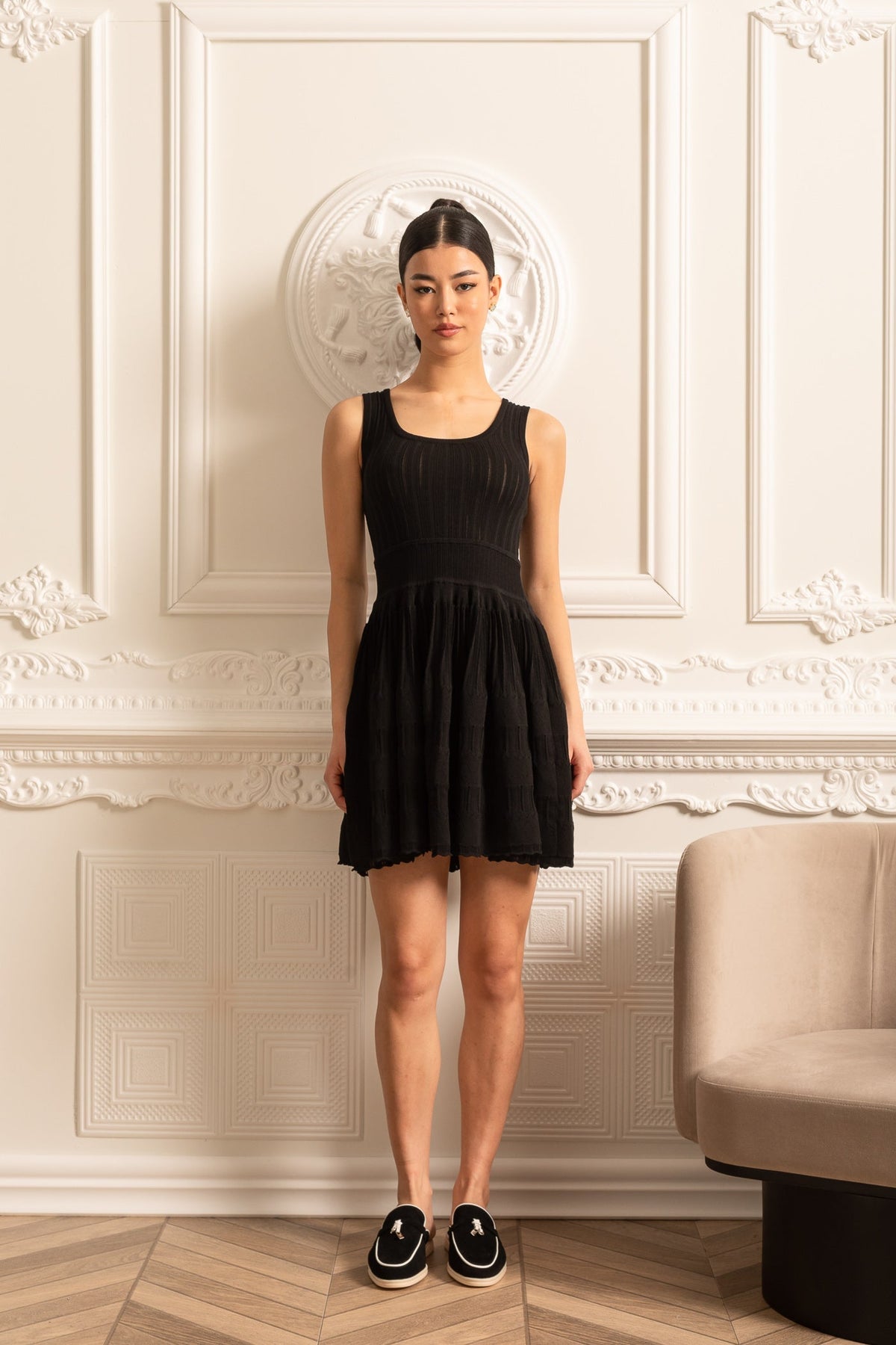 Rib Knit Scoop Neck Fit and Flare Belted Waist Mini Dress - View 5