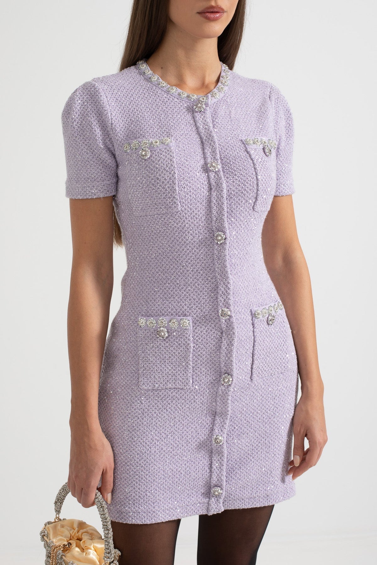 Tweed Crystal Trim Short Sleeve Jeweled Button Four Pocket Mini Dress - View 2