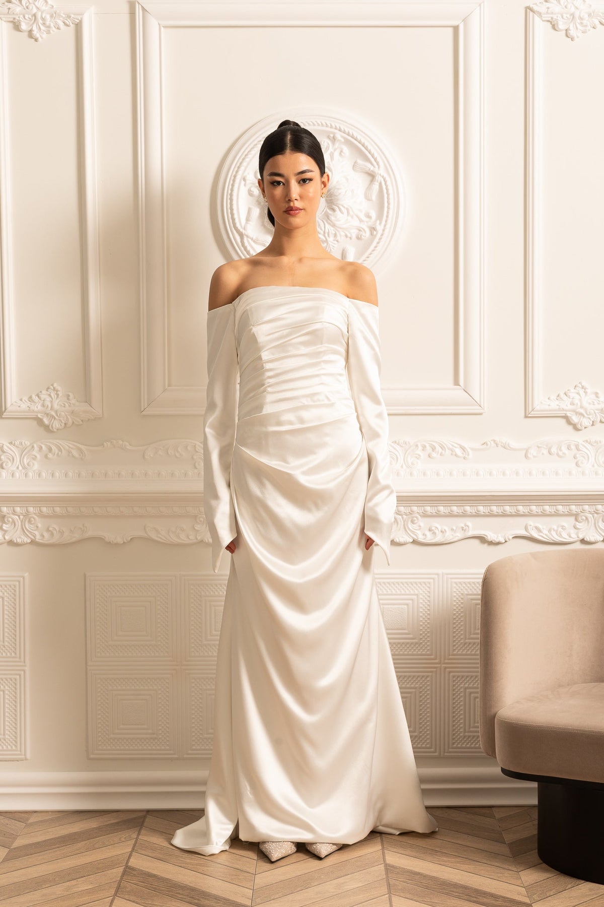 Satin Off Shoulder Long Sleeve Ruched Draped Maxi Gown 7