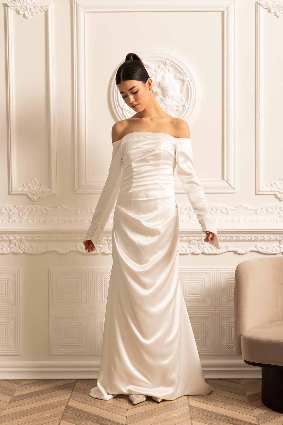 Satin Off Shoulder Long Sleeve Ruched Draped Maxi Gown 6