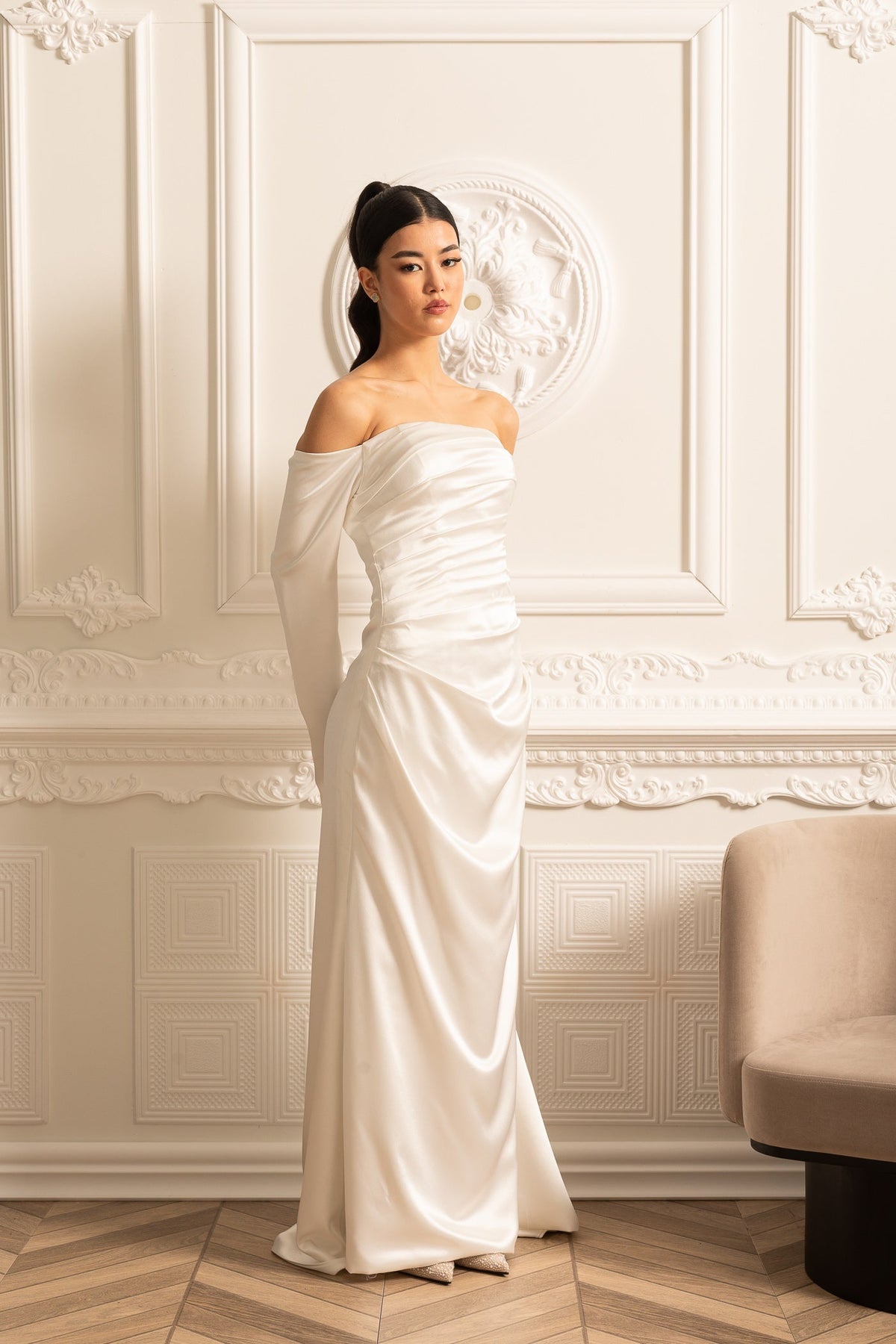 Satin Off Shoulder Long Sleeve Ruched Draped Maxi Gown 14