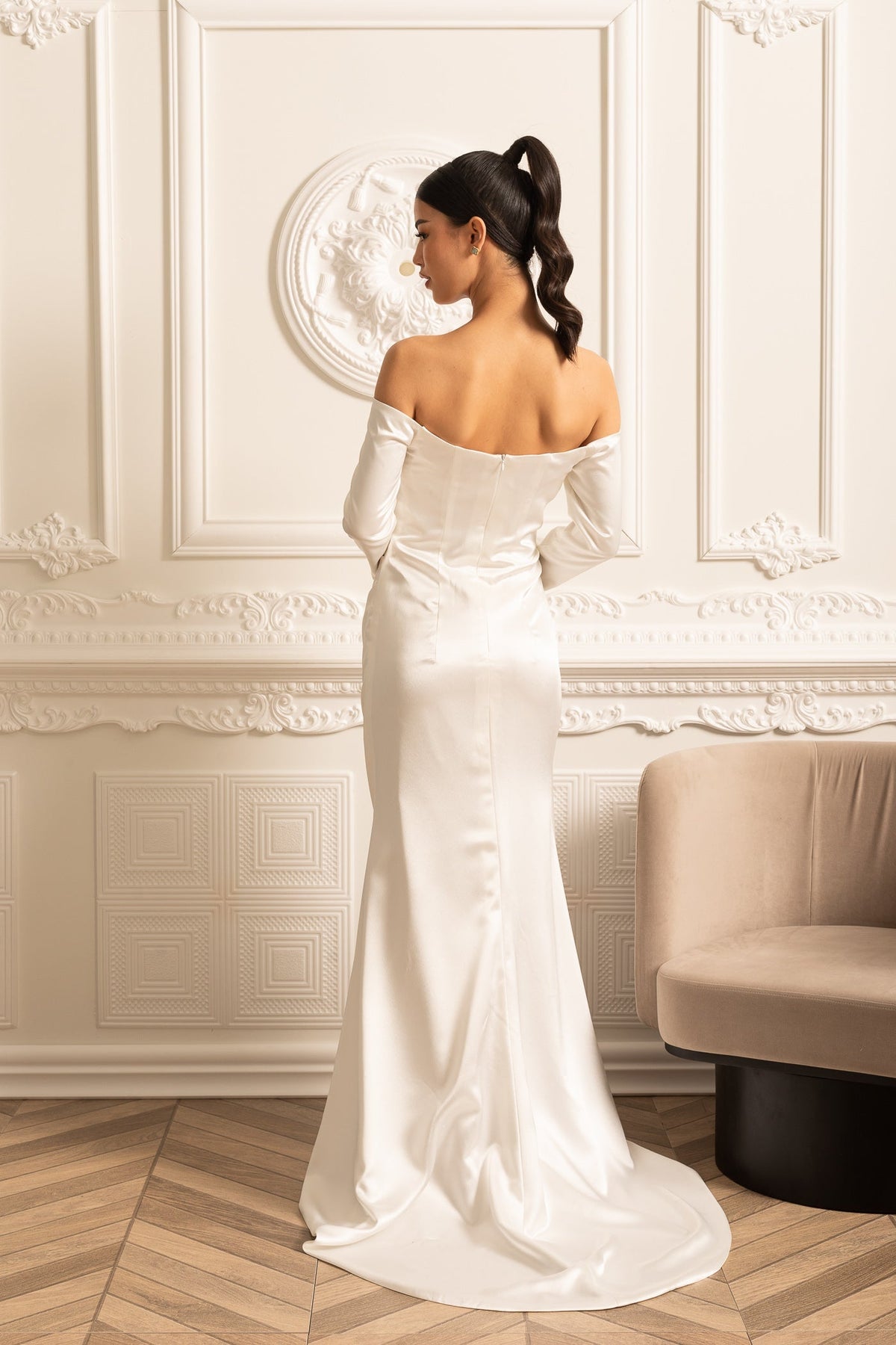 Satin Off Shoulder Long Sleeve Ruched Draped Maxi Gown 3