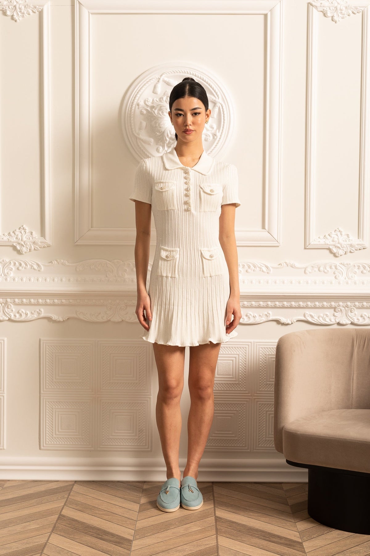 Ribbed Knit Sequin Jewel Button Collar Patch Pocket Mini Dress - View 4