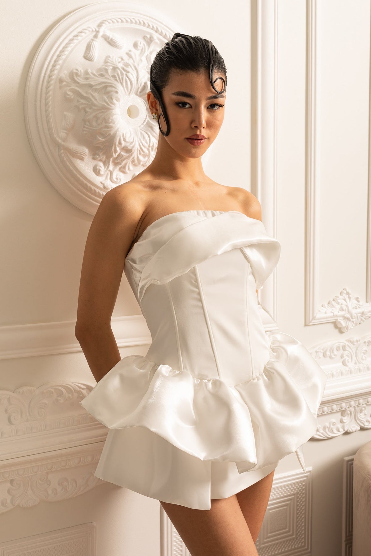 Strapless Satin Draped Corset Bodice Ruffle Peplum Mini Dress