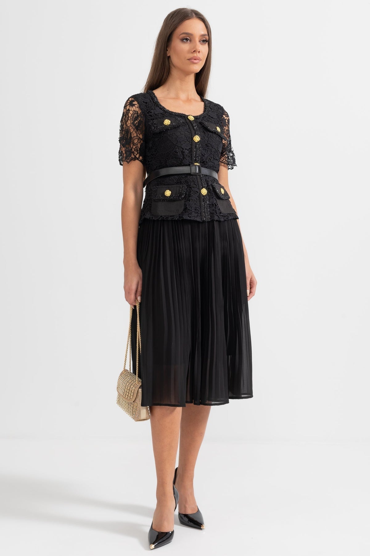 Lace Short Sleeve Scoop Neck Button Front Belted Pleated Midi Dress - View 3