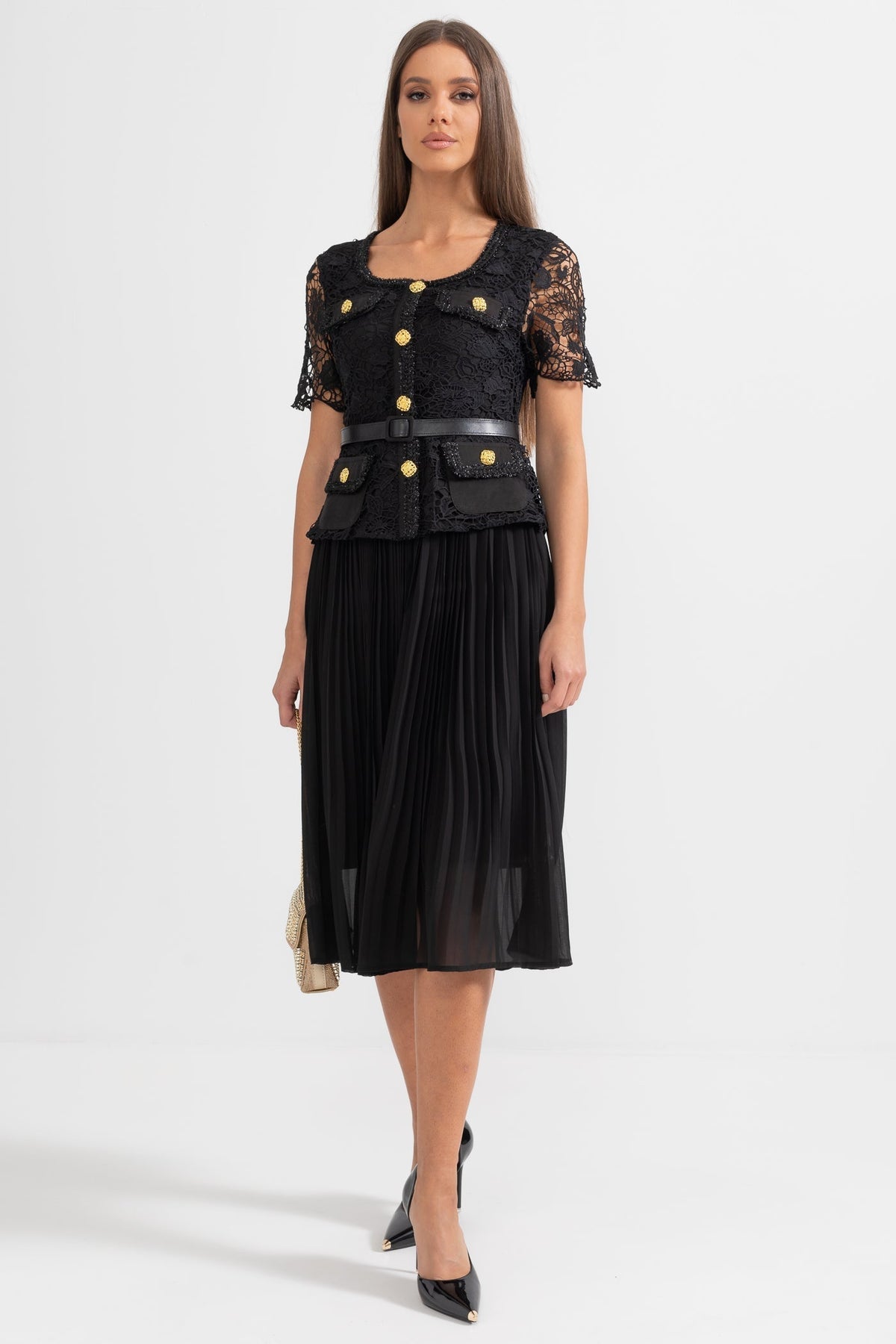 Lace Short Sleeve Scoop Neck Button Front Belted Pleated Midi Dress - View 5