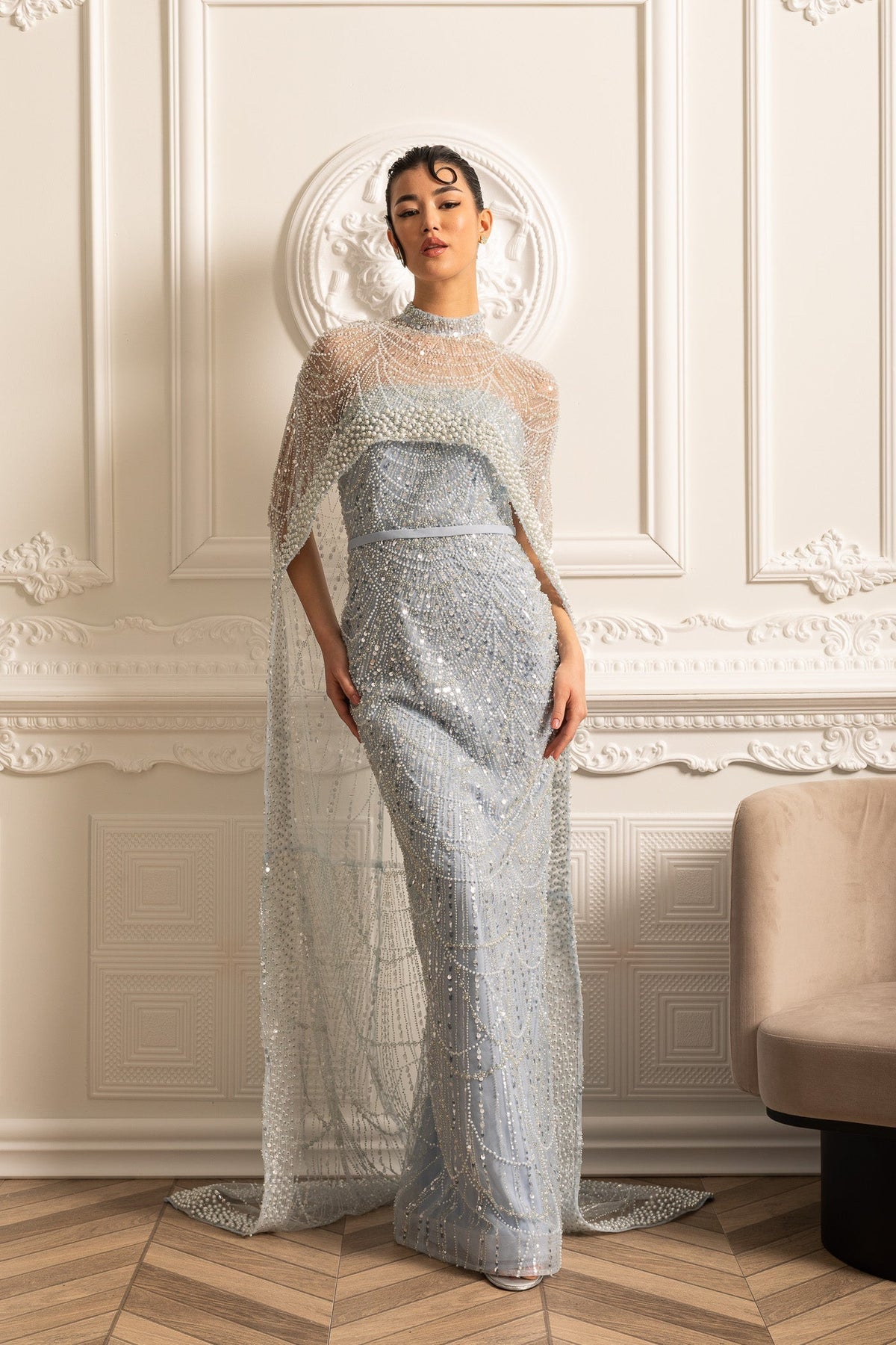 Pearl Chest Band Beaded Mesh Cape Overlay Column Maxi Gown - View 11