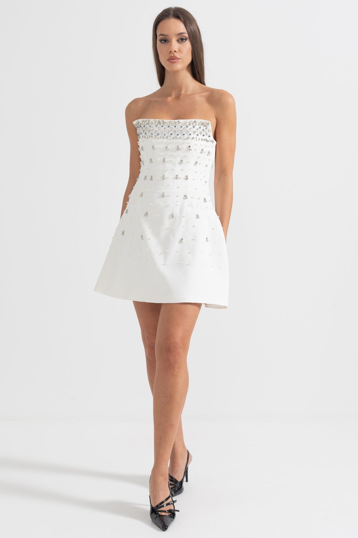 Strapless Pearl Crystal Embellished A-Line Mini Dress - View 2
