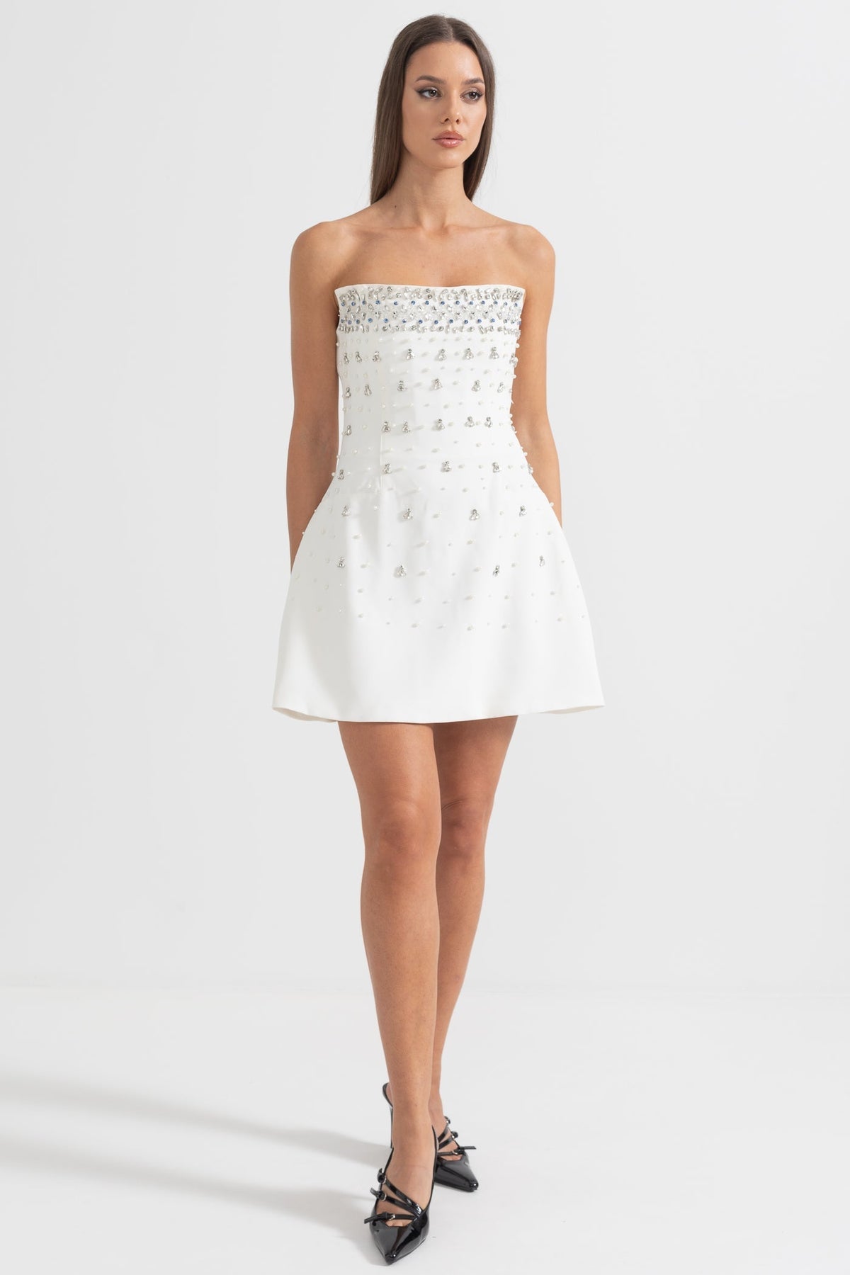 Strapless Pearl Crystal Embellished A-Line Mini Dress - View 5