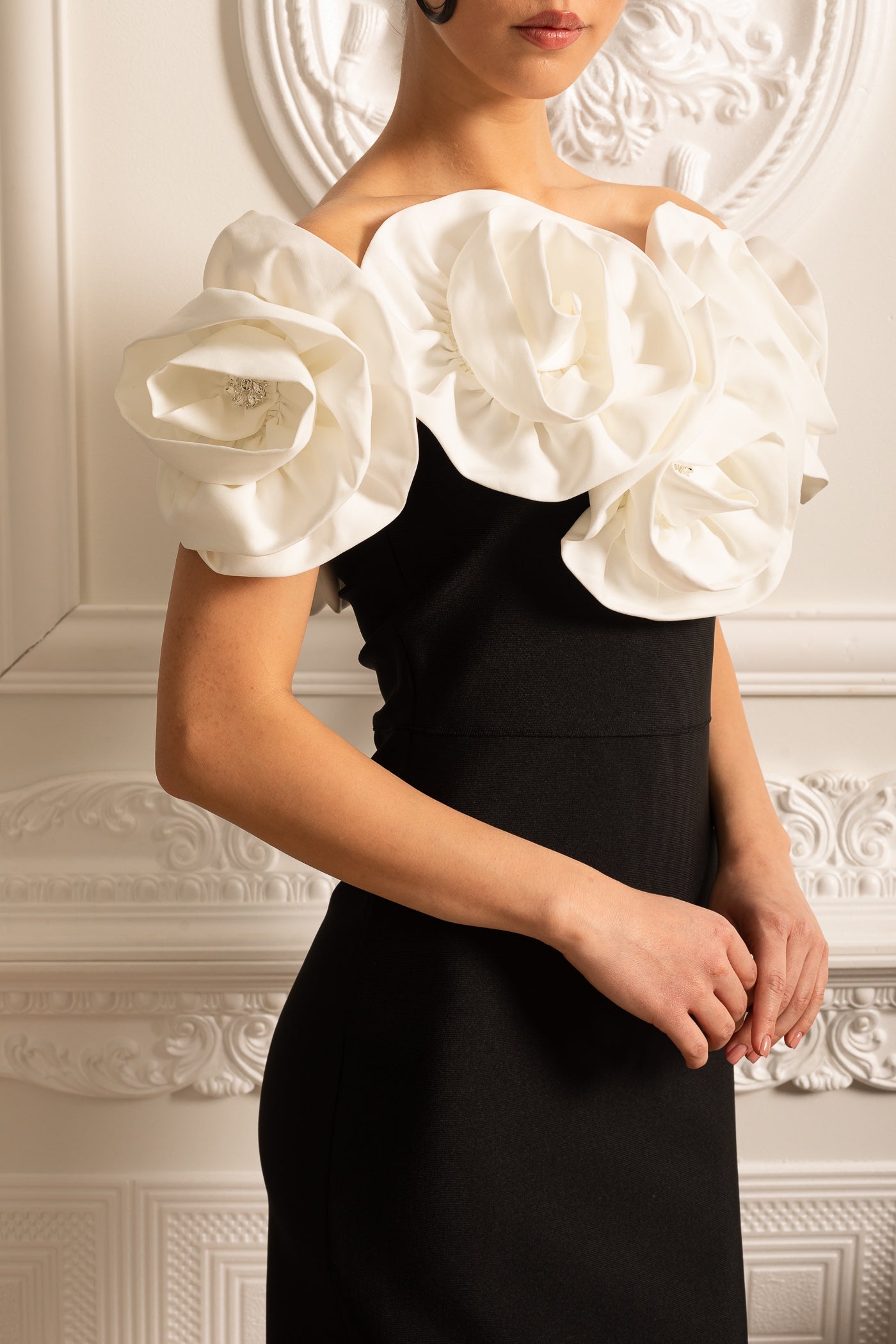 Fitted Gown With Large White Floral Embellishments - Black