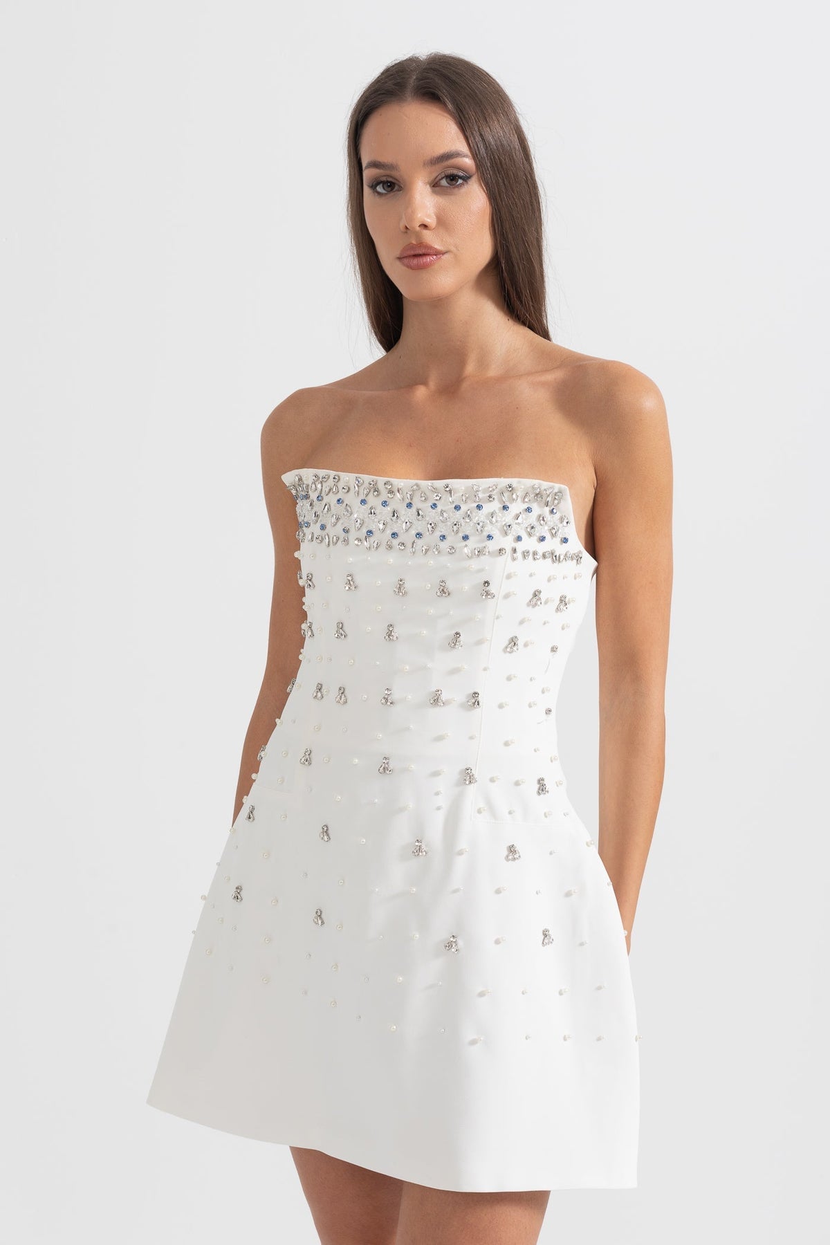 Strapless Pearl Crystal Embellished A-Line Mini Dress - View 6