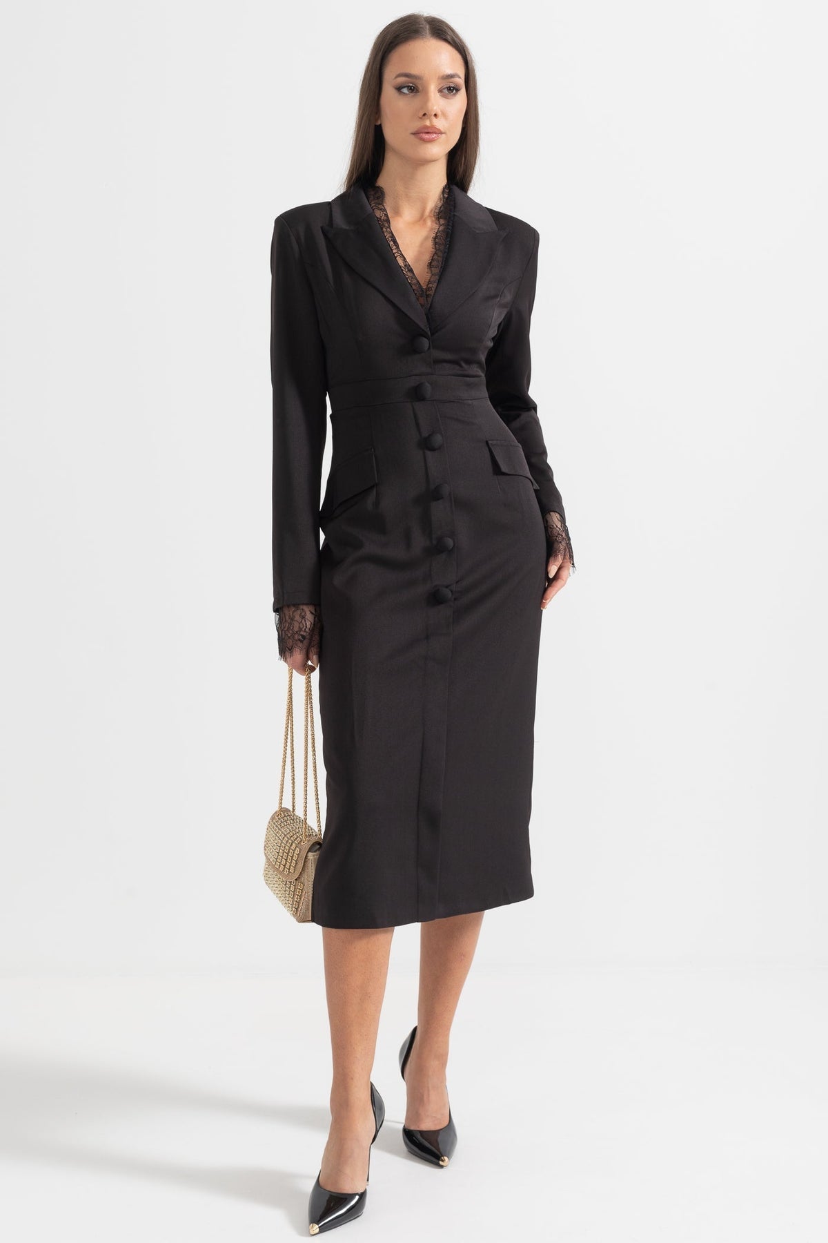Lace Panel Deep V-Neck Lace Cuff Button Front Flap Pocket Maxi Dress - View 7