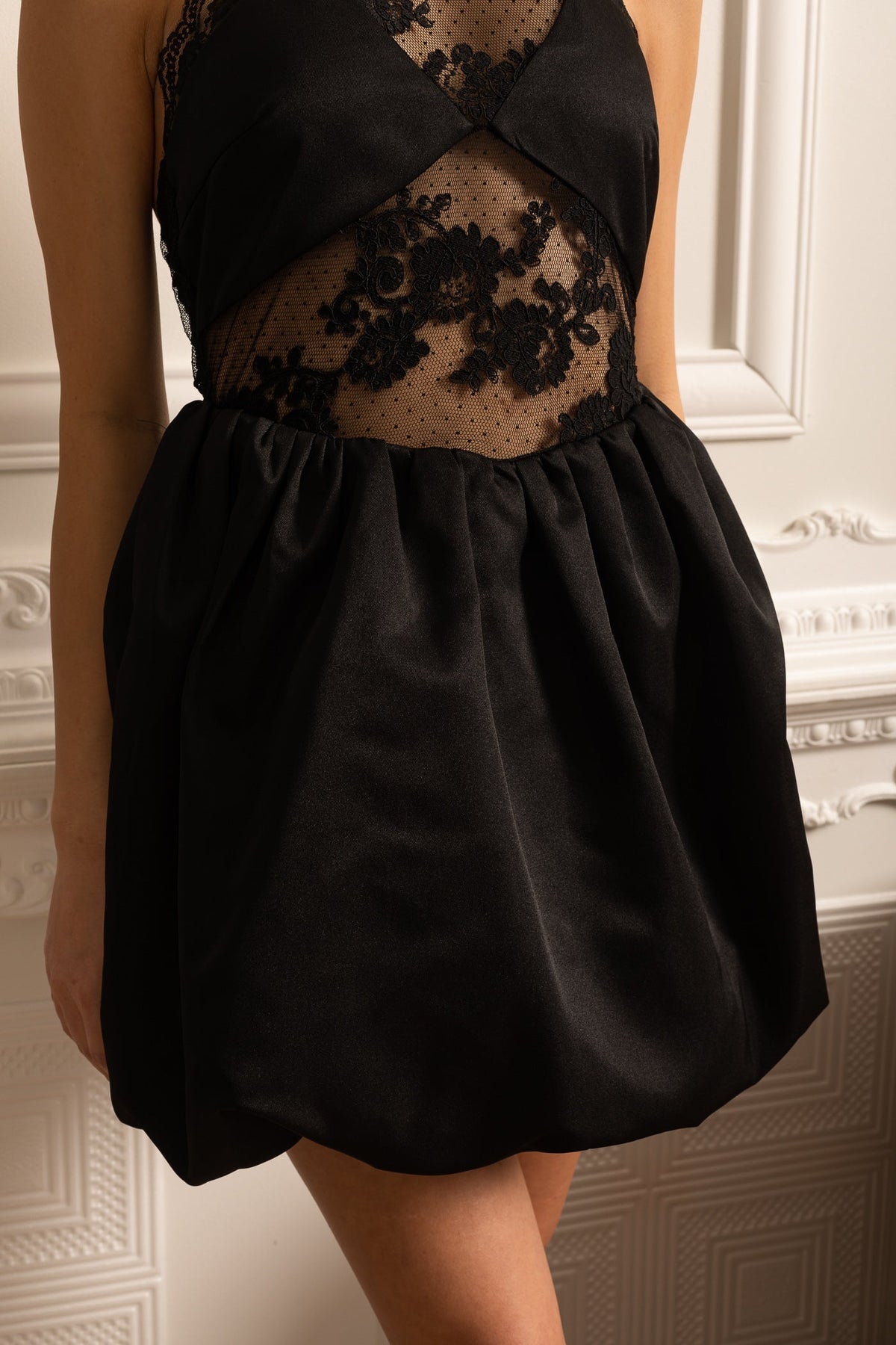 Halter Neck Sheer Floral Lace Bodice Satin Bubble Hem Mini Dress 7