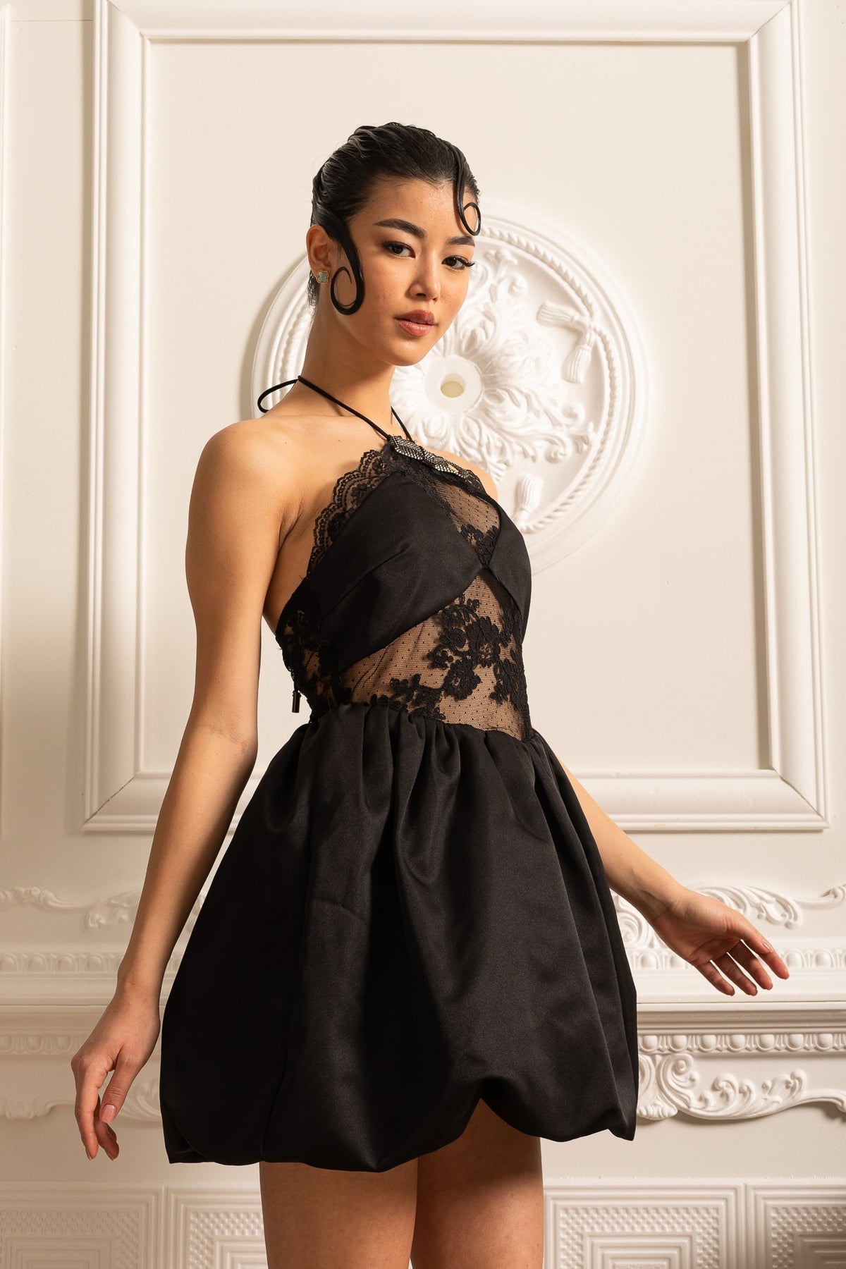 Halter Neck Sheer Floral Lace Bodice Satin Bubble Hem Mini Dress 11
