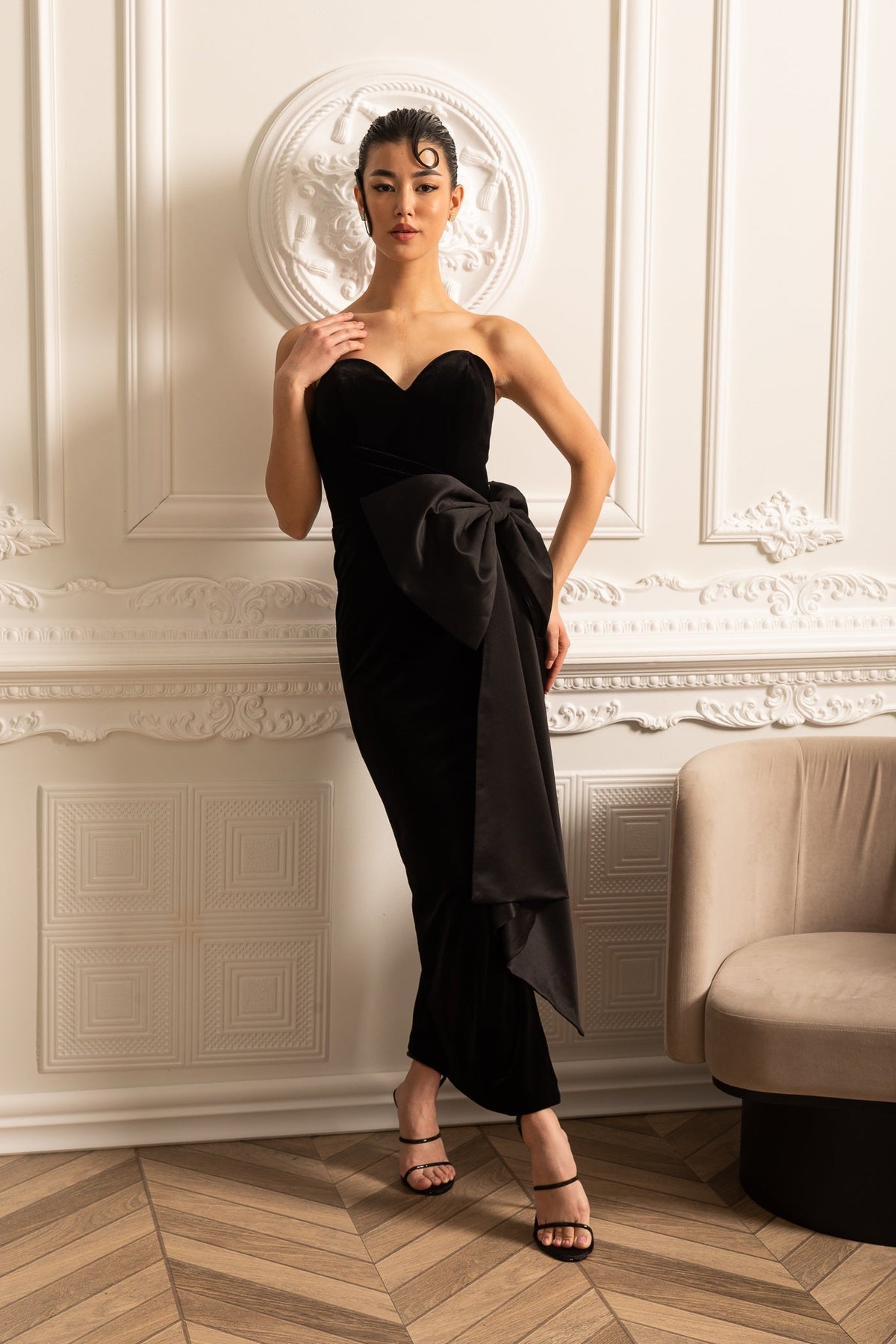 Velvet Strapless Sweetheart Oversized Bow High Split Midi Dress 12