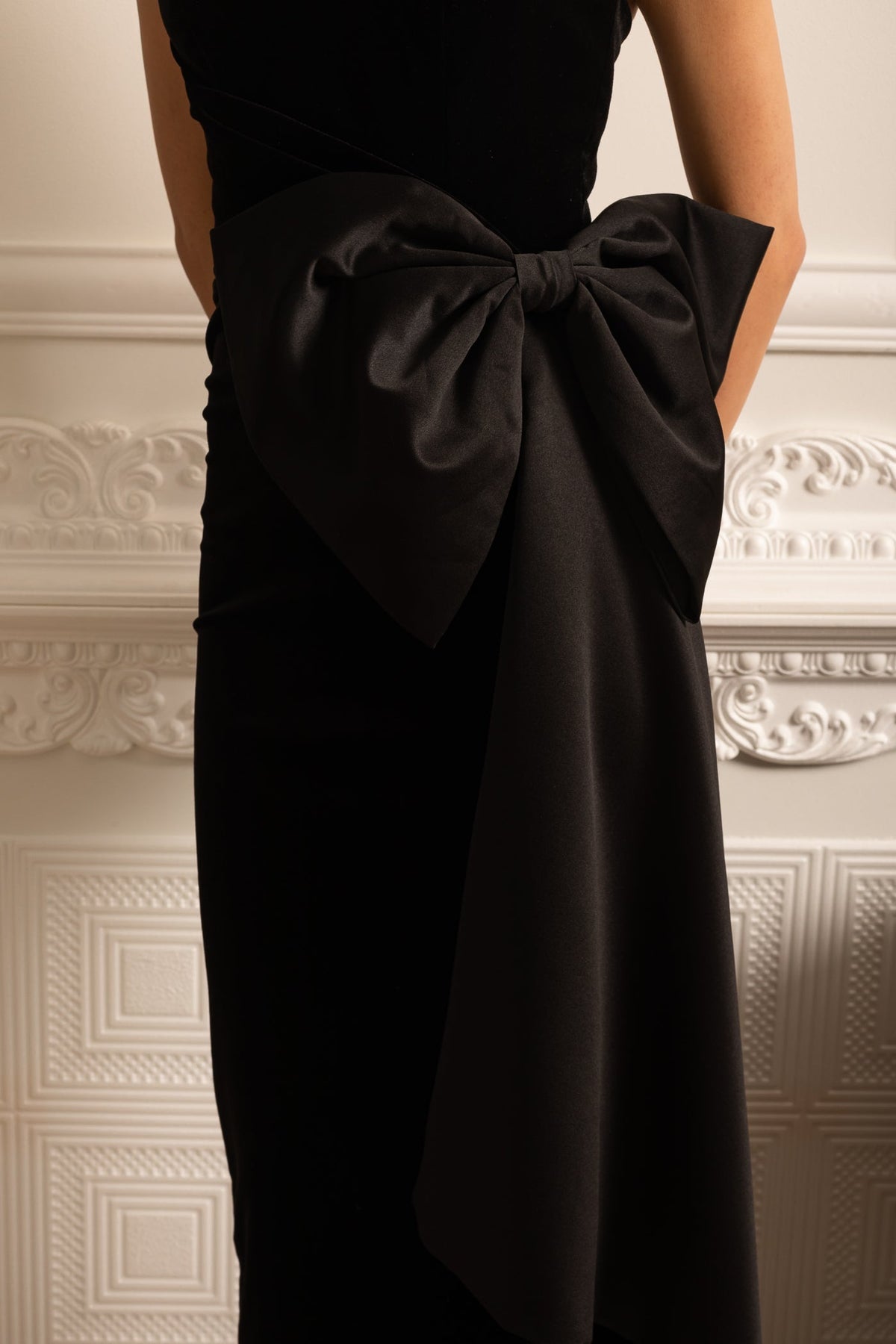 Velvet Strapless Sweetheart Oversized Bow High Split Midi Dress 14