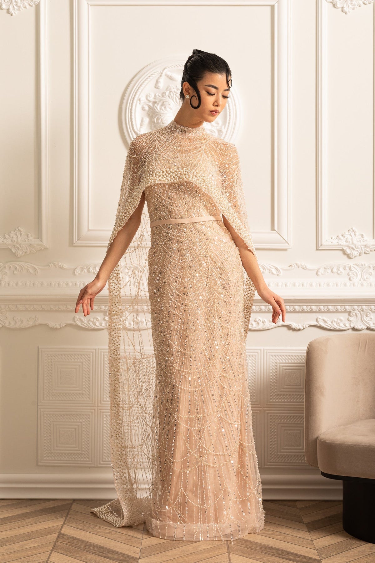 Scalloped Pearl Trim Beaded Mesh Cape Overlay Column Maxi Gown - View 5