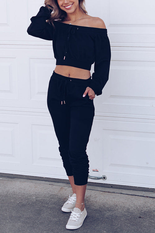Off Shoulder Drawstring Crop Jogger Pants Set