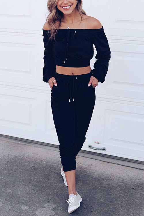 Off Shoulder Drawstring Crop Jogger Pants Set