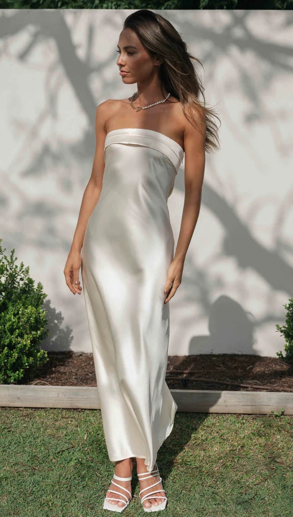 Satin Strapless Straight Neck Bias Cut Slip Maxi Dress 10