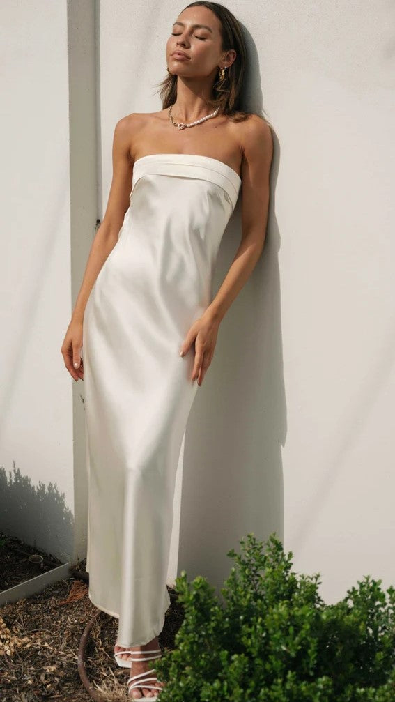 Satin Strapless Straight Neck Bias Cut Slip Maxi Dress 9