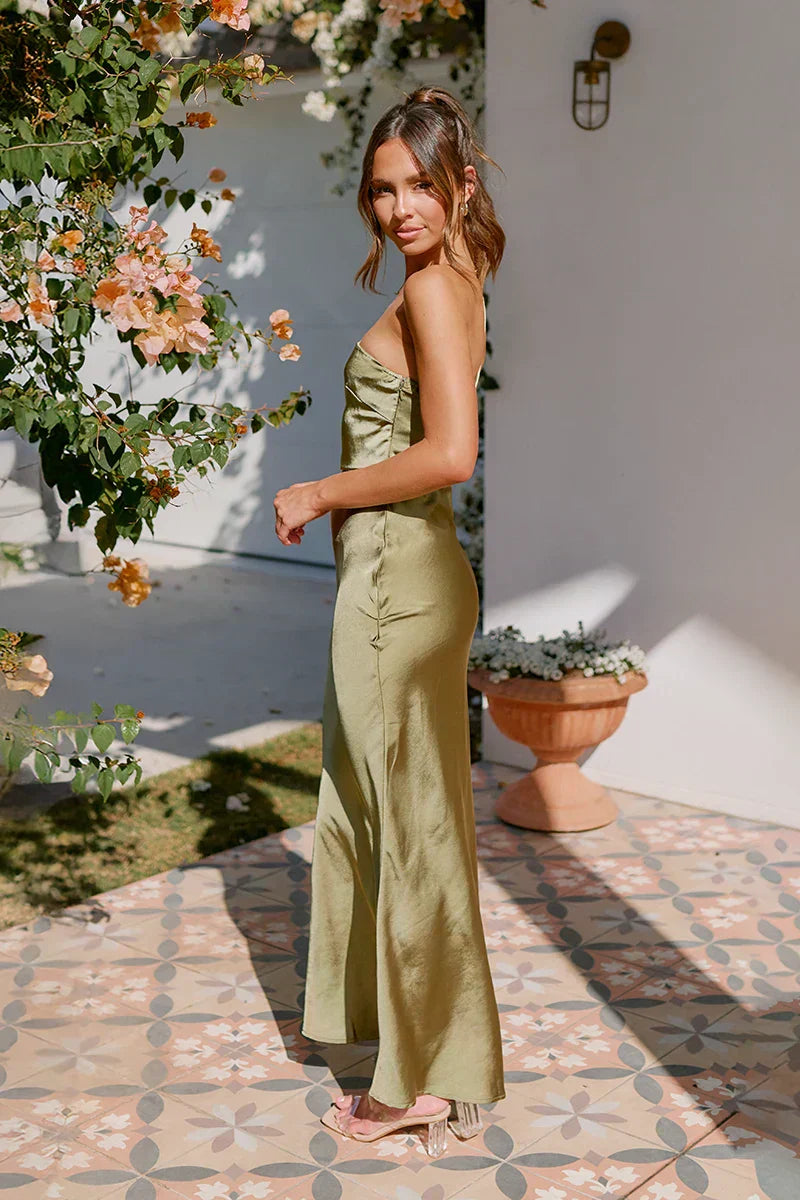 Satin Spaghetti Strap V-Neck Wrap High Split Maxi Gown