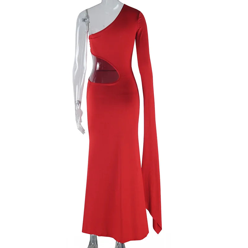 One Shoulder Cut Out Waist Draped Sleeve Mermaid Maxi Dress 6