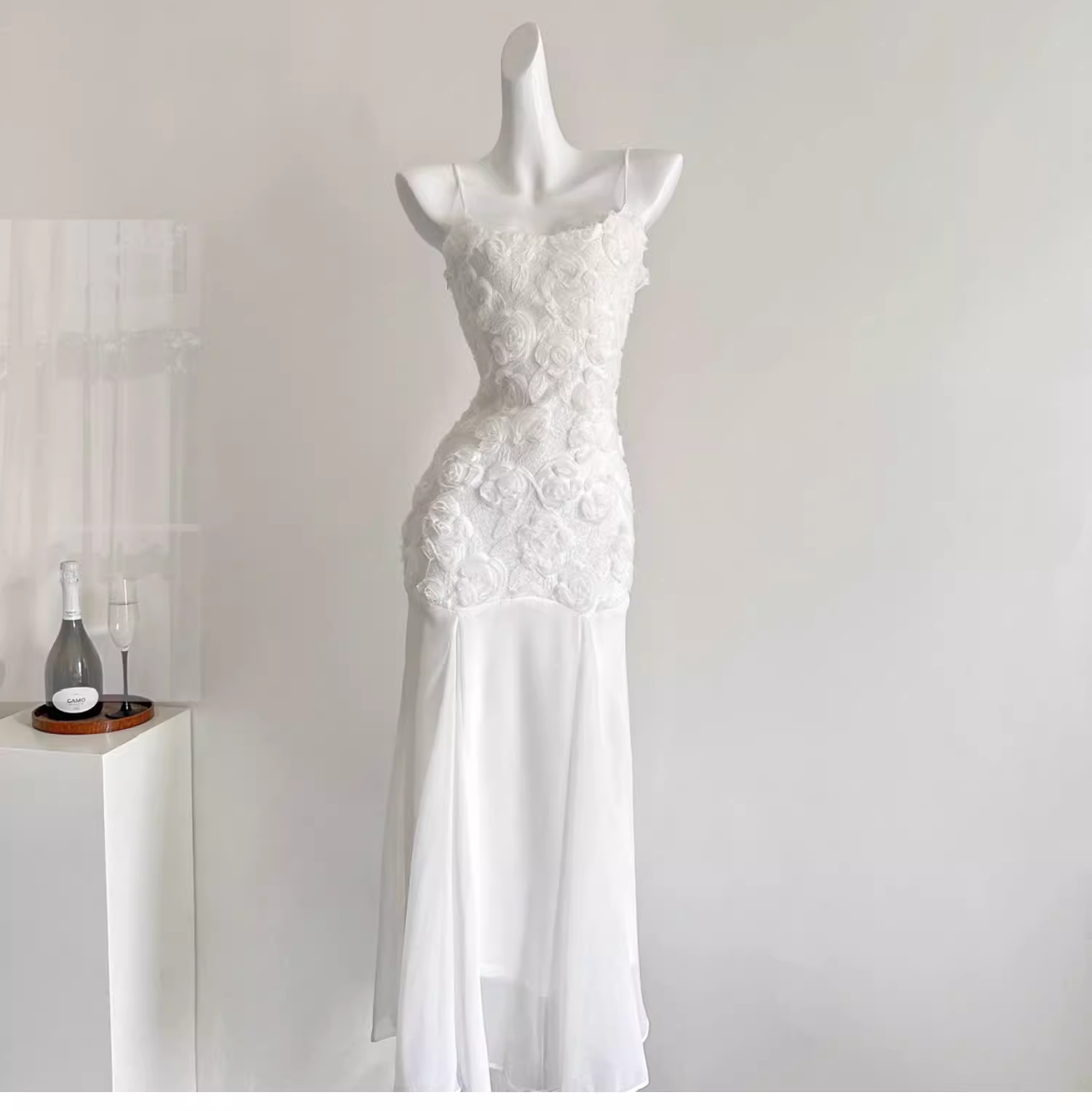 White Suspender Dress French Chiffon Waist Party Dress Mermaid Dress cc3068