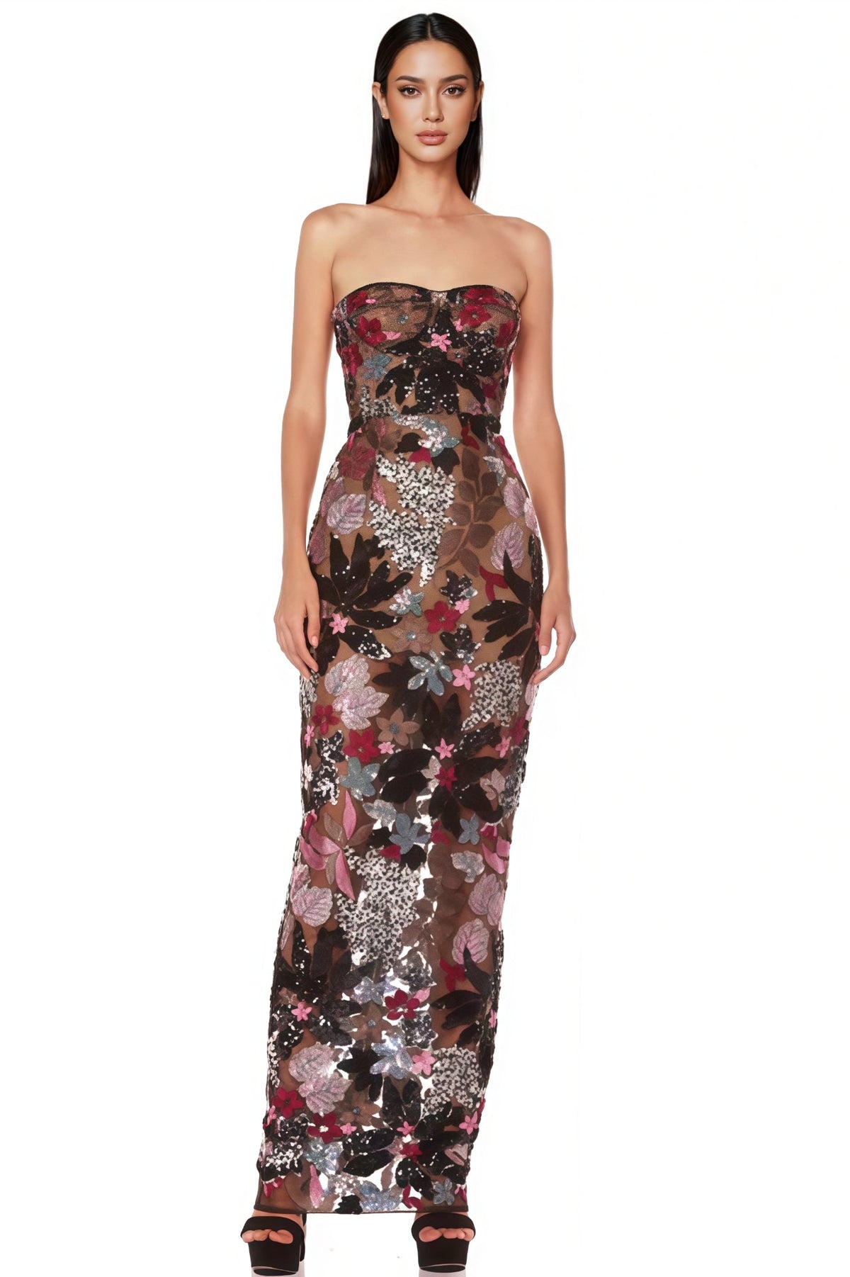 Strapless Sweetheart Floral Leaf Applique Sequin Mesh Column Maxi Dress