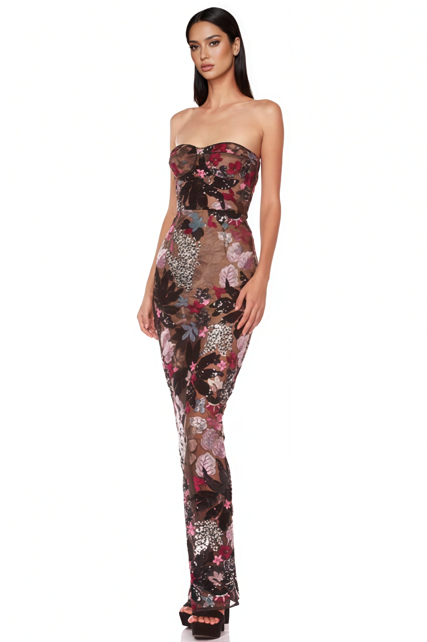Astrid Mesh Sequin Embroidered Print Maxi Dress - View 2