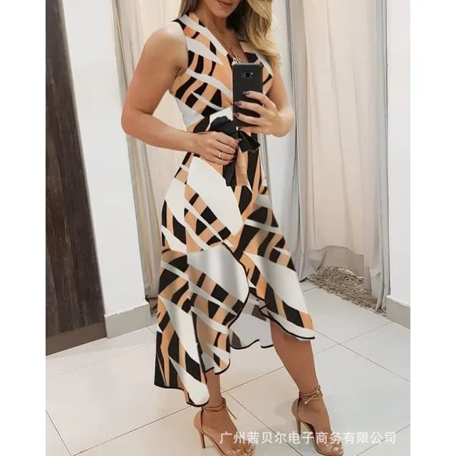 Deep V-Neck Wide Strap Tie Belt Asymmetric Ruffle Hem Midi Dress