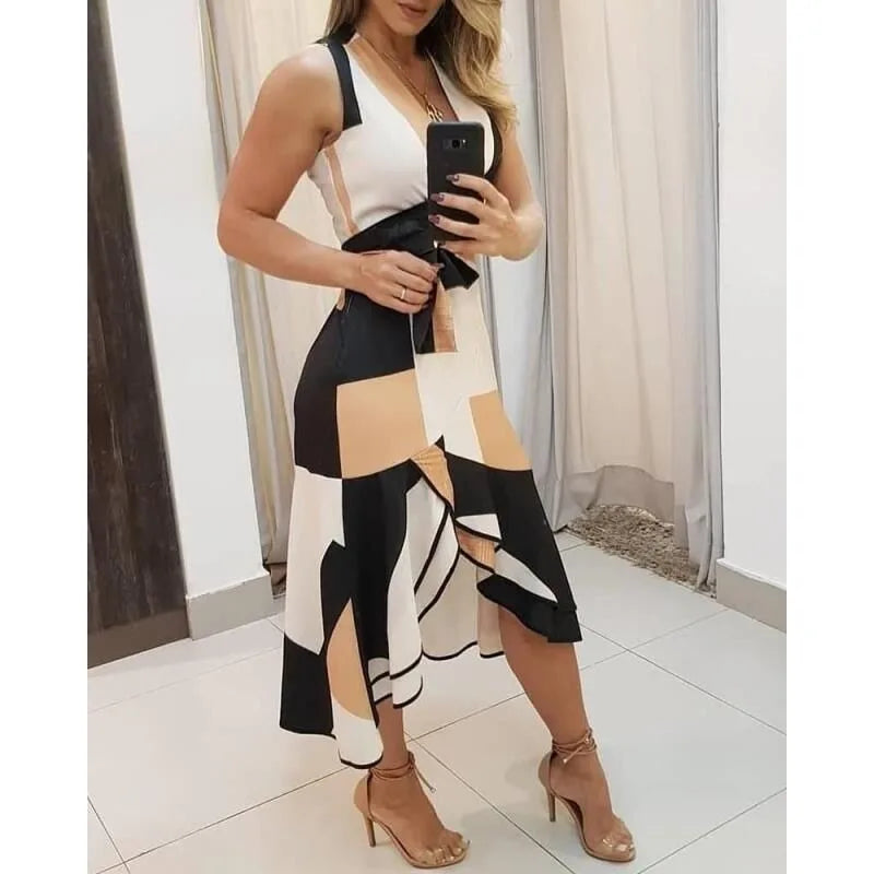Deep V-Neck Wide Strap Tie Belt Asymmetric Ruffle Hem Midi Dress
