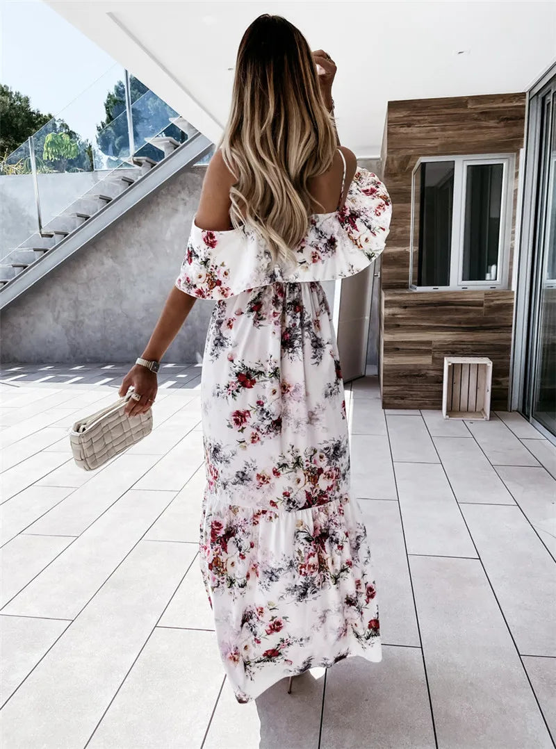 Floral Print Cold Shoulder Ruffle Spaghetti Strap Tiered Maxi Dress 2