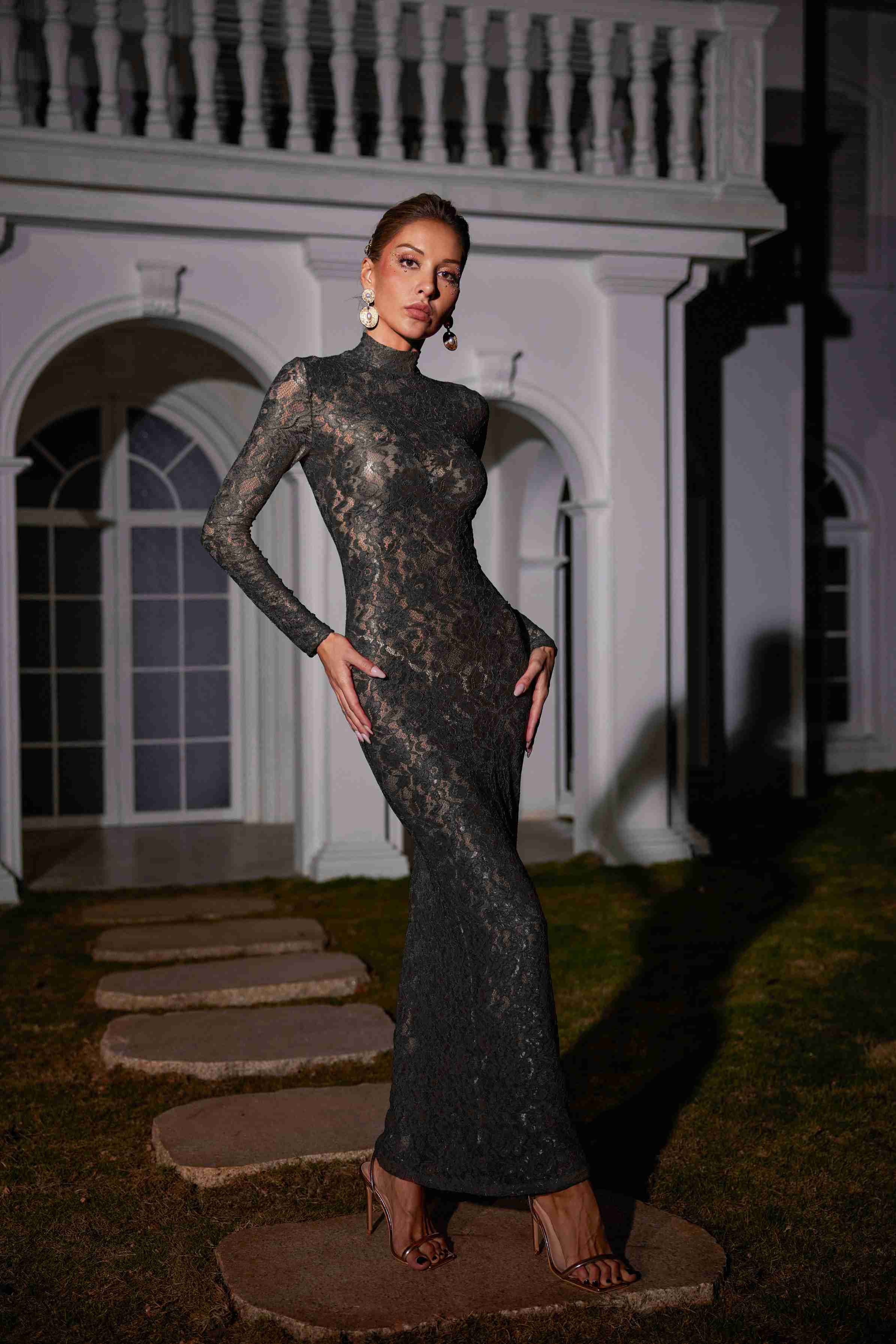 Long Sleeve Lace Maxi Dress In Black - View 3