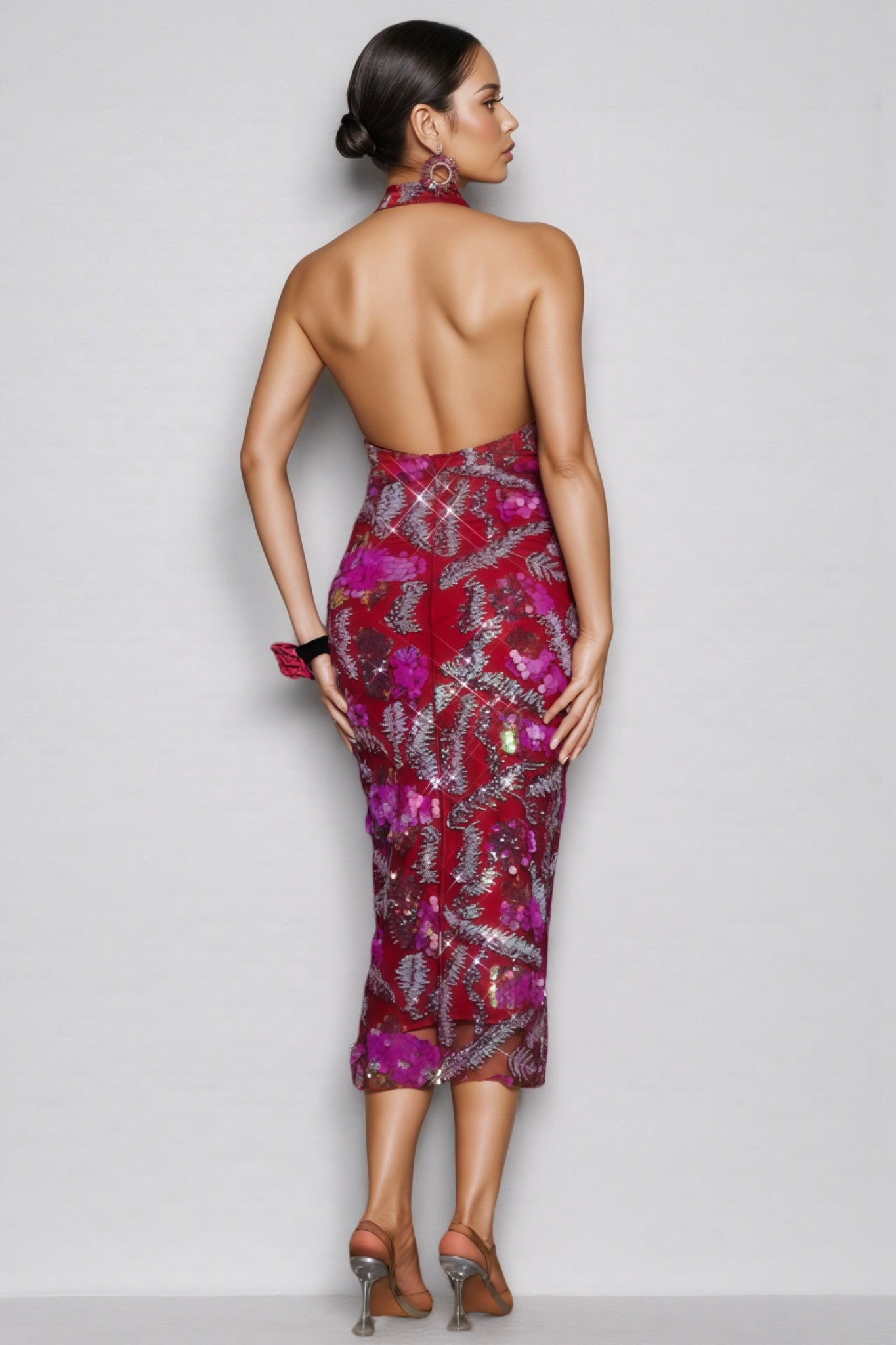 Sequin Floral Halter Neck Backless Bodycon Midi Dress