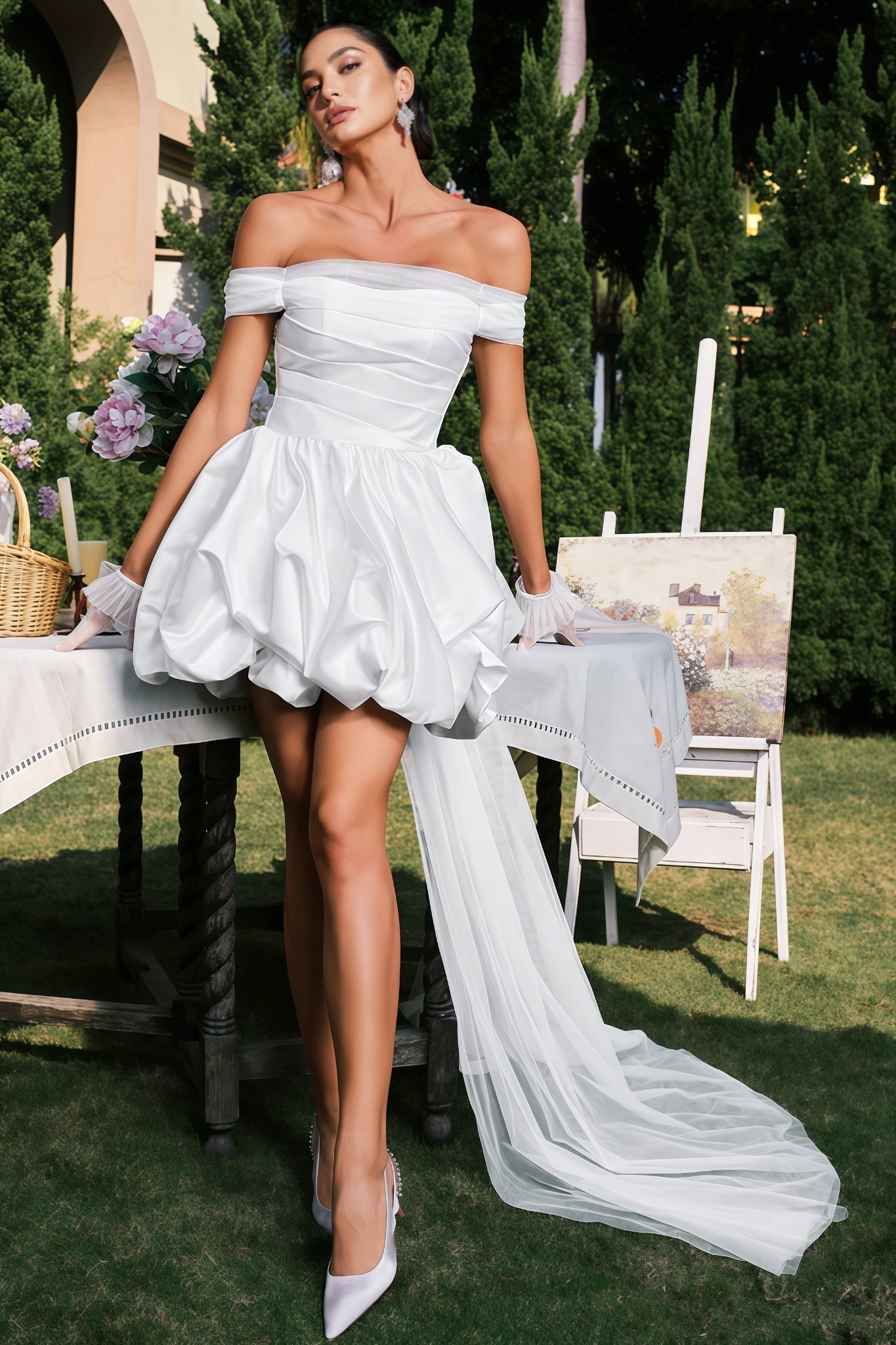 Alexan White Off-the-Shoulder Satin Mini Dress - View 2