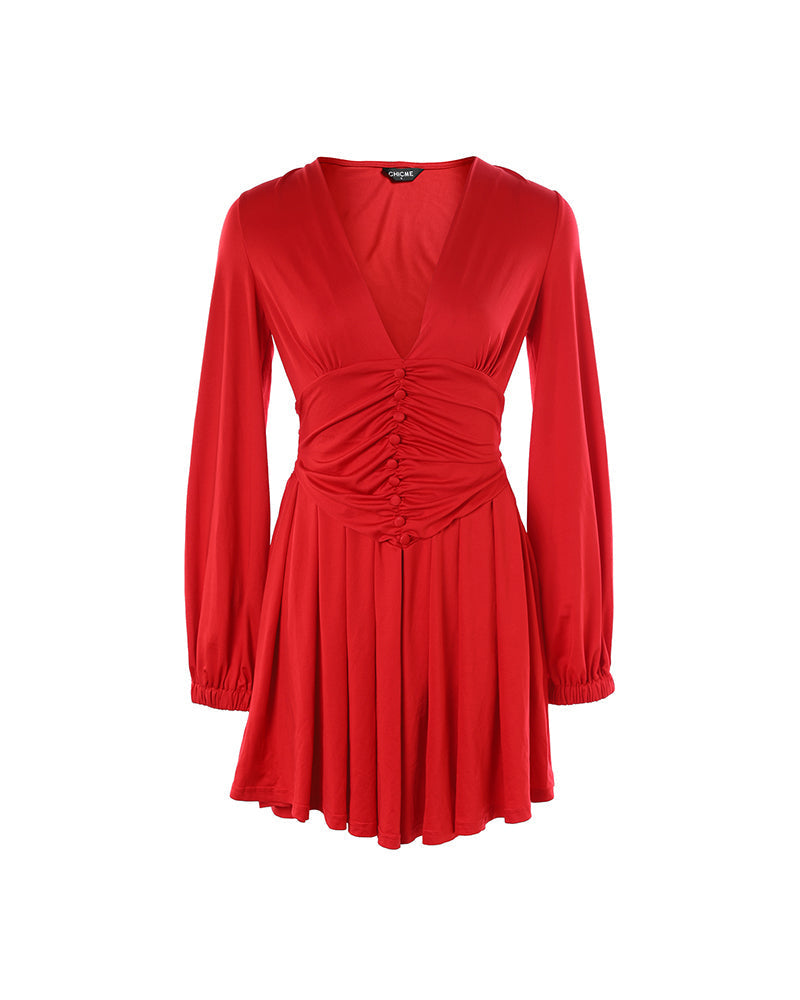 Deep V-Neck Ruched Button Front Long Sleeve A-Line Mini Dress