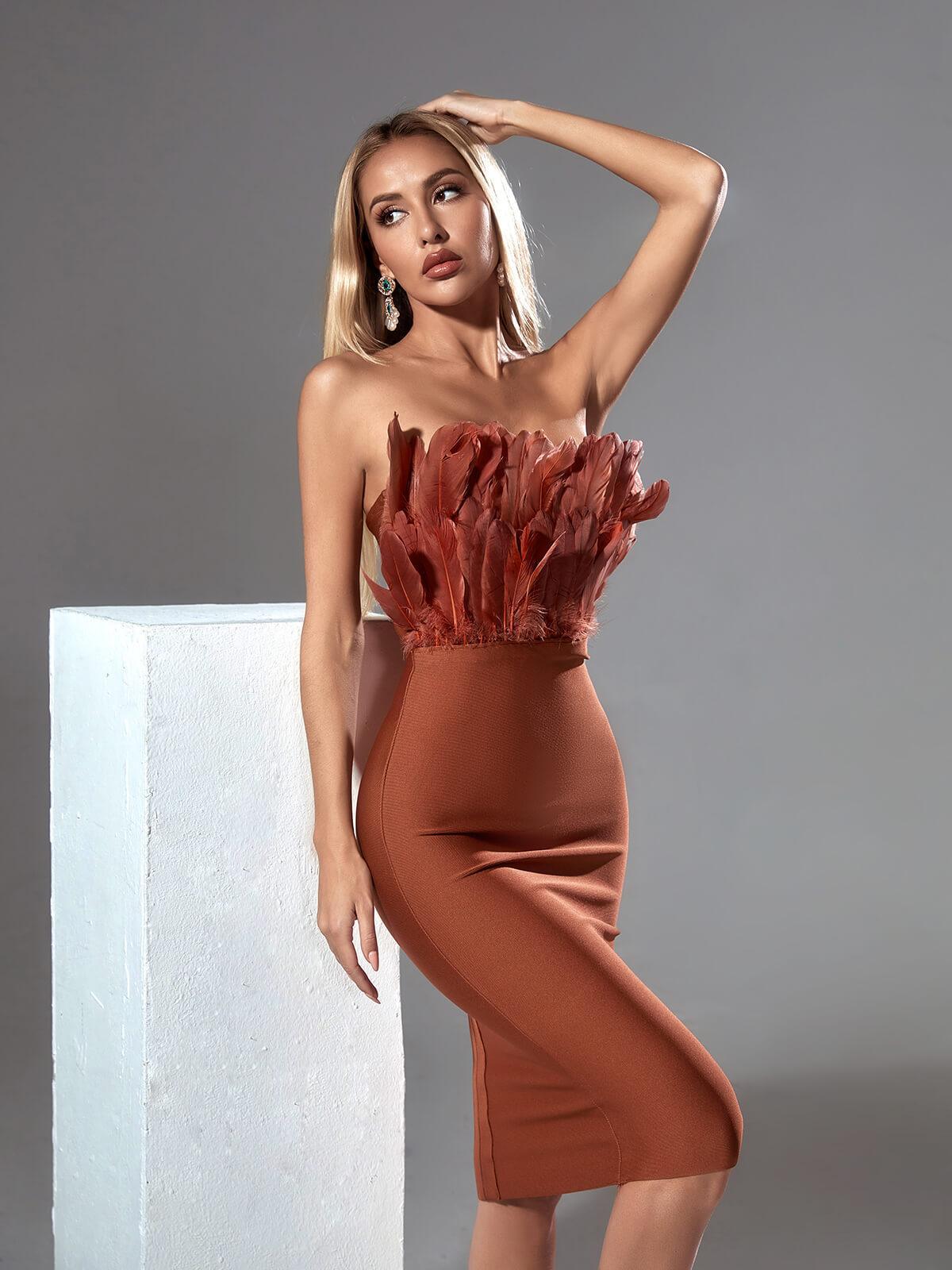 Feather Strapless Bandage Midi Dress