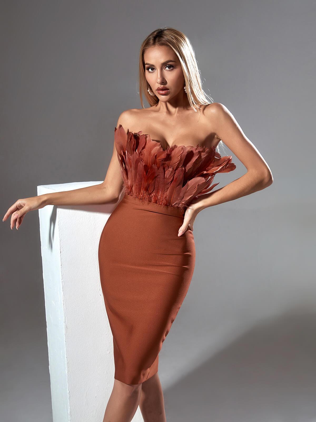 Feather Strapless Bandage Midi Dress