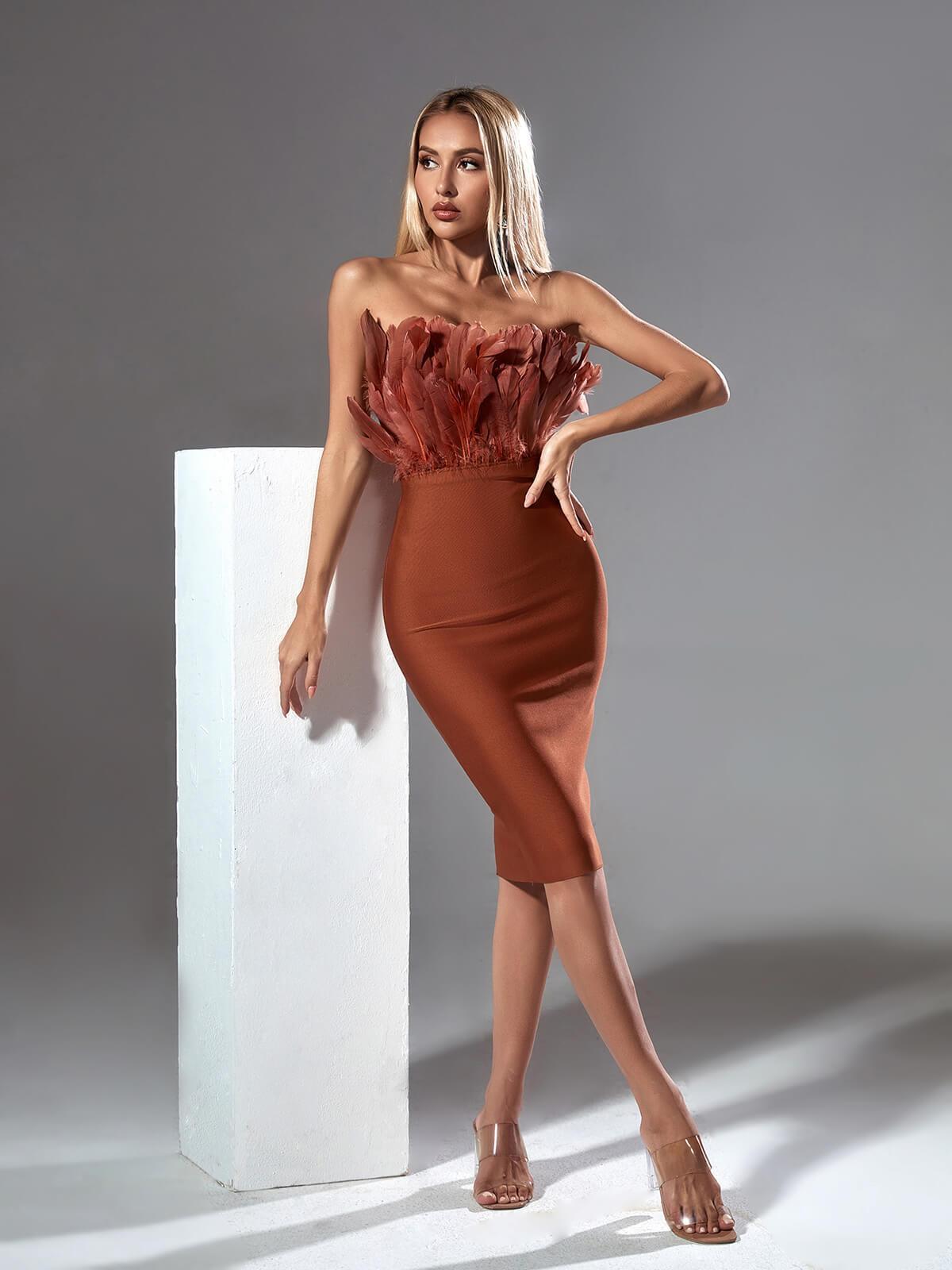 Feather Strapless Bandage Midi Dress