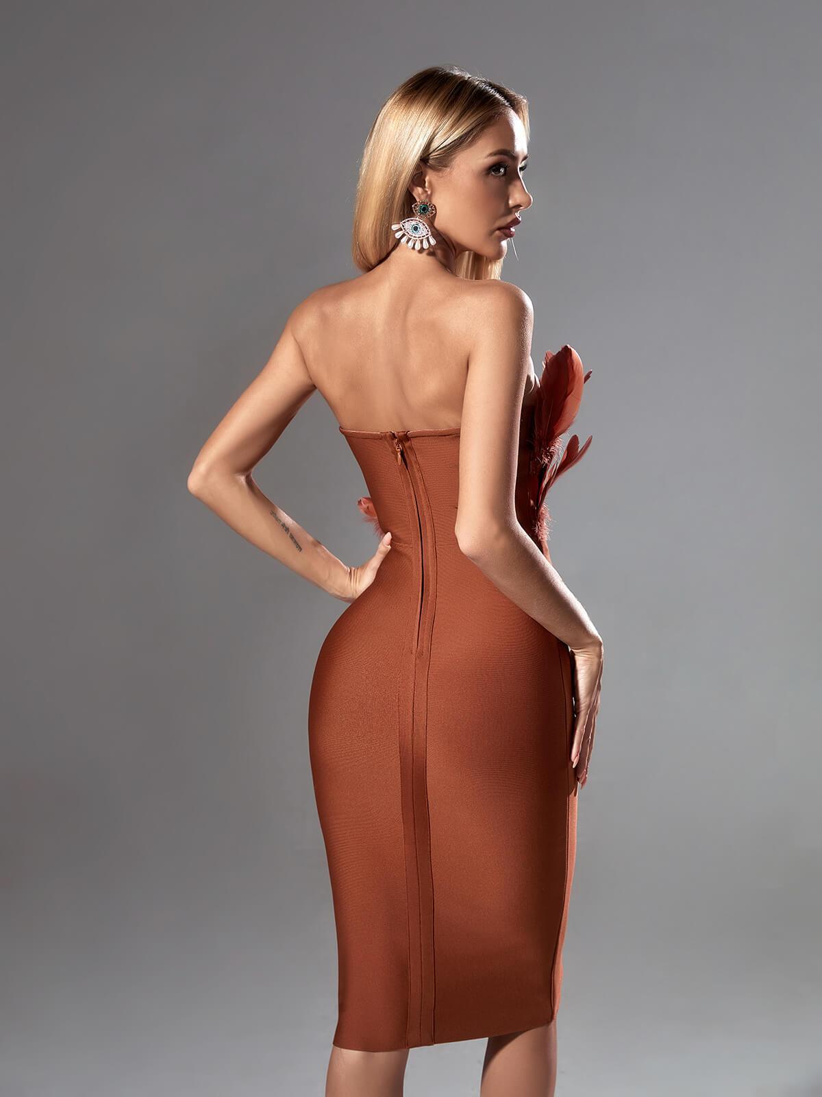 Feather Strapless Bandage Midi Dress