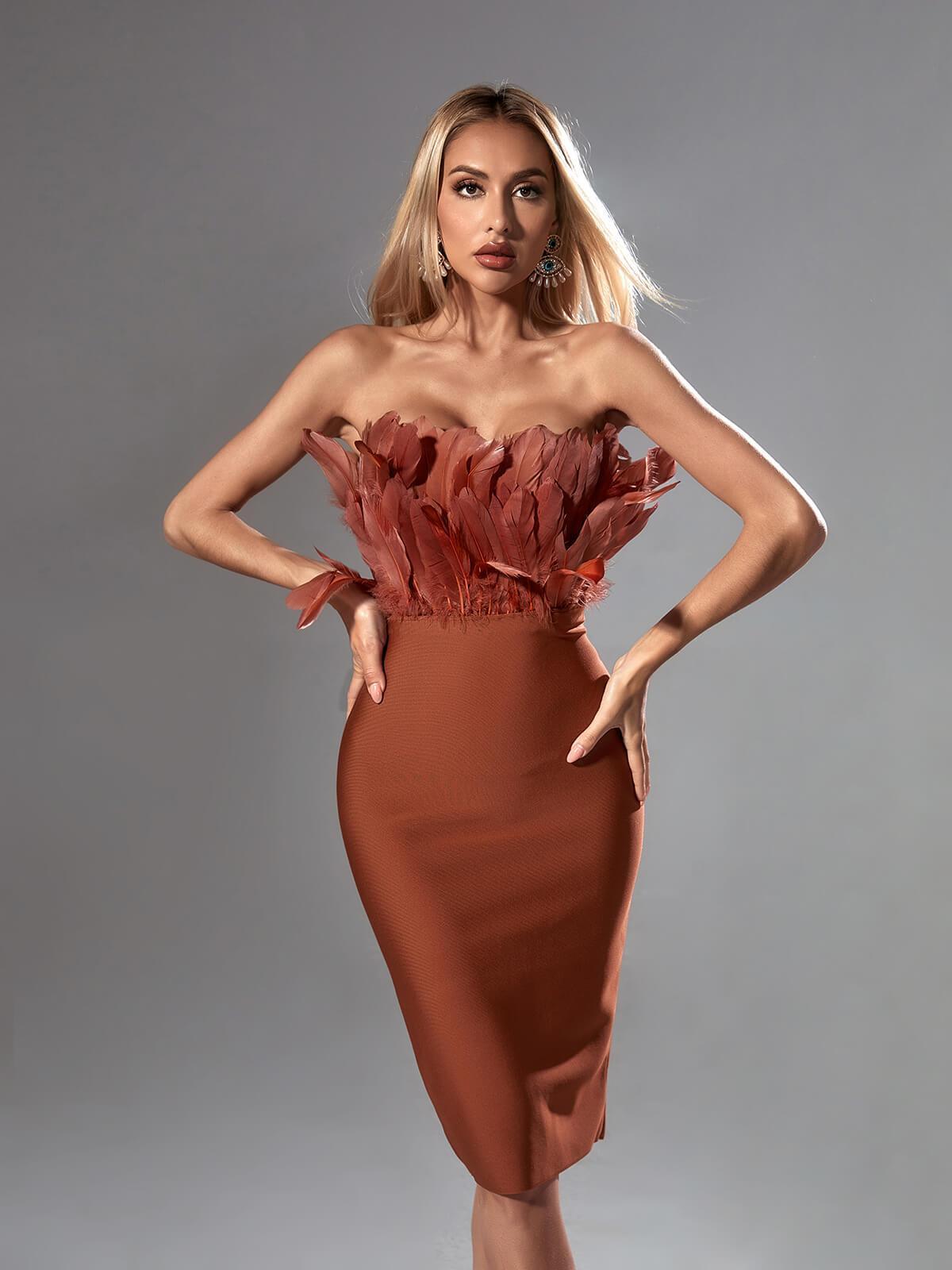 Feather Strapless Bandage Midi Dress