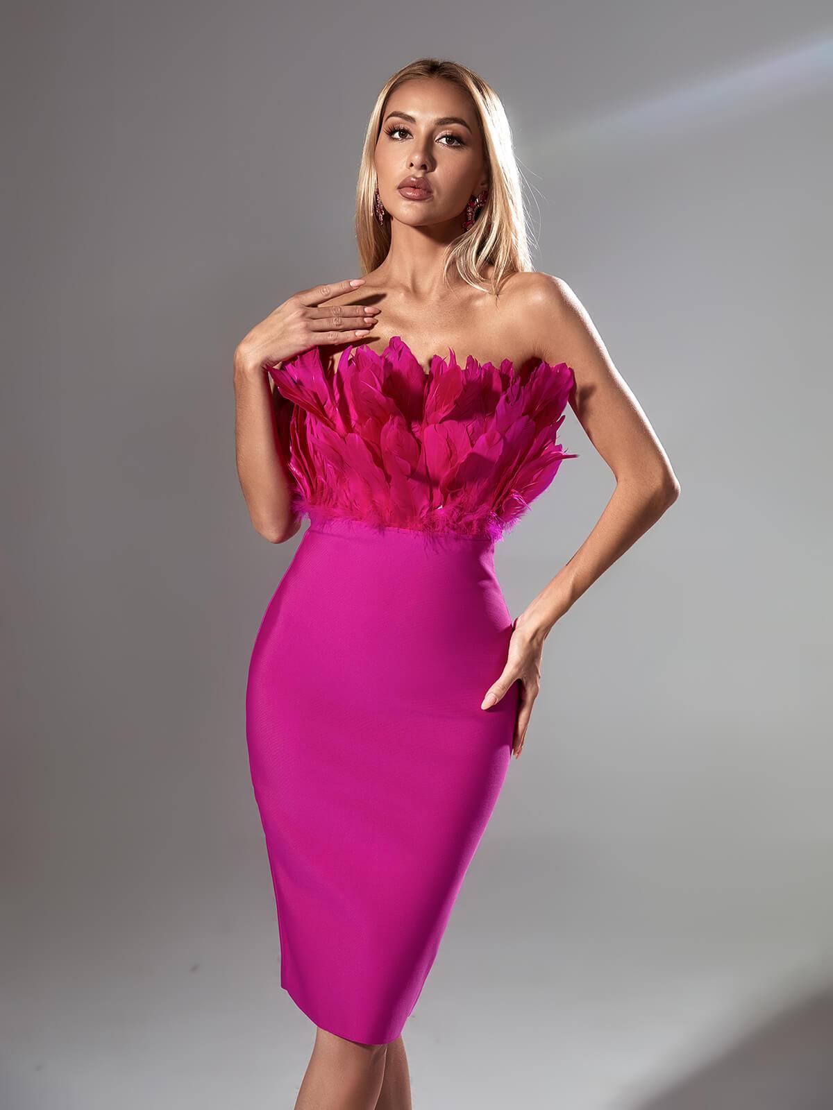 Feather Strapless Bandage Midi Dress